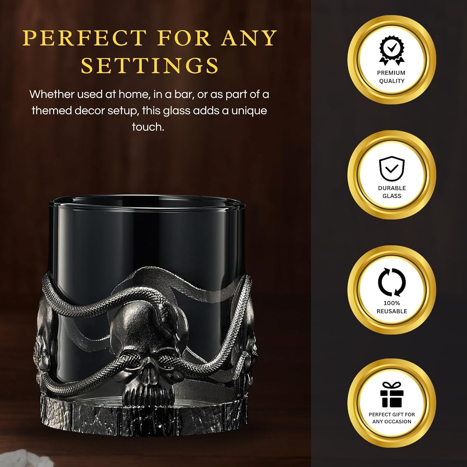 Skull & Snakes Pewter Glasses Set of 2, 12.5oz Gothic Whiskey, Wine, Beer & Water Cups, Spooky Crystal Old Fashioned Tumblers, Elegant Barware Gifts for Men & Women, Haunted Skull Decor Gift