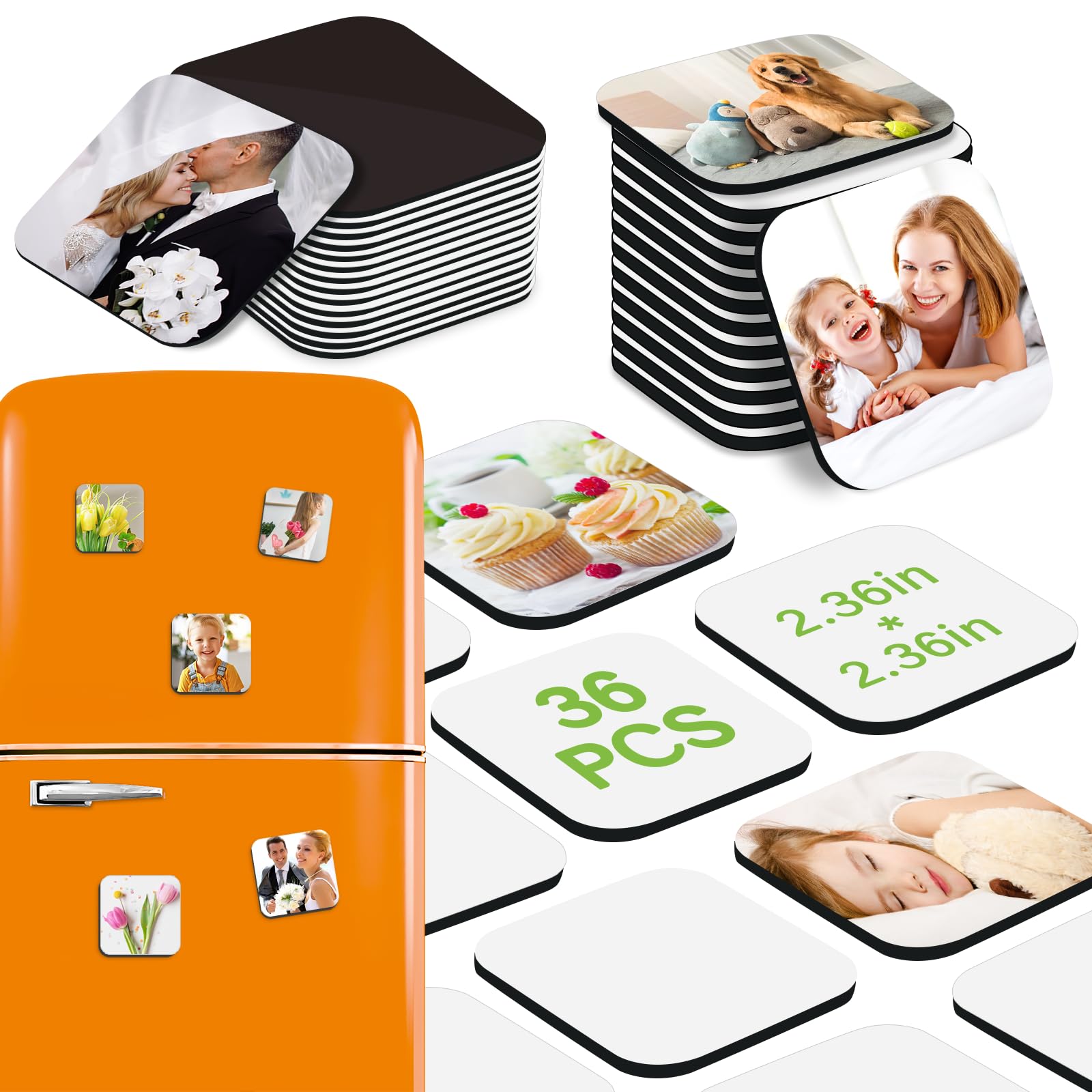 MORCART 36 Pcs Sublimation Magnet Blanks, for Personalized DIY Decor for Home Kitchen Refrigerator and Office Calendar with 18 Pcs Sublimation Square Blank (6x6cm), 18 Pcs DIY Soft Magnetic