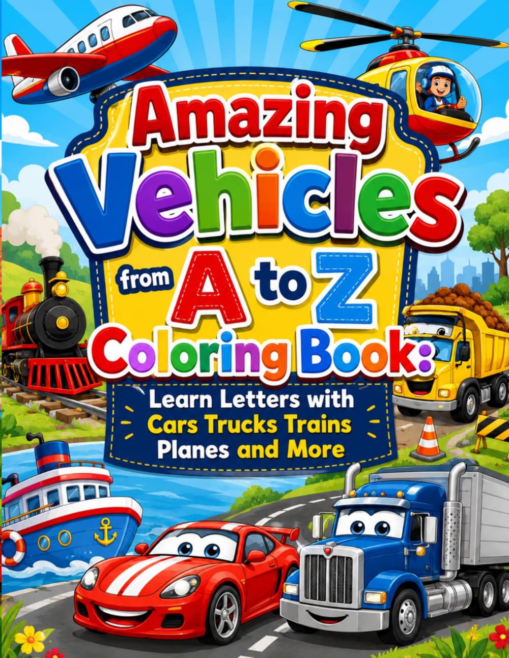 Amazing Vehicles from A to Z Coloring Book: Learn Letters with Cars Trucks Trains Planes and More: A Fun Alphabet Adventure Filled with Exciting Vehicles for Kids to Color Learn and Explore