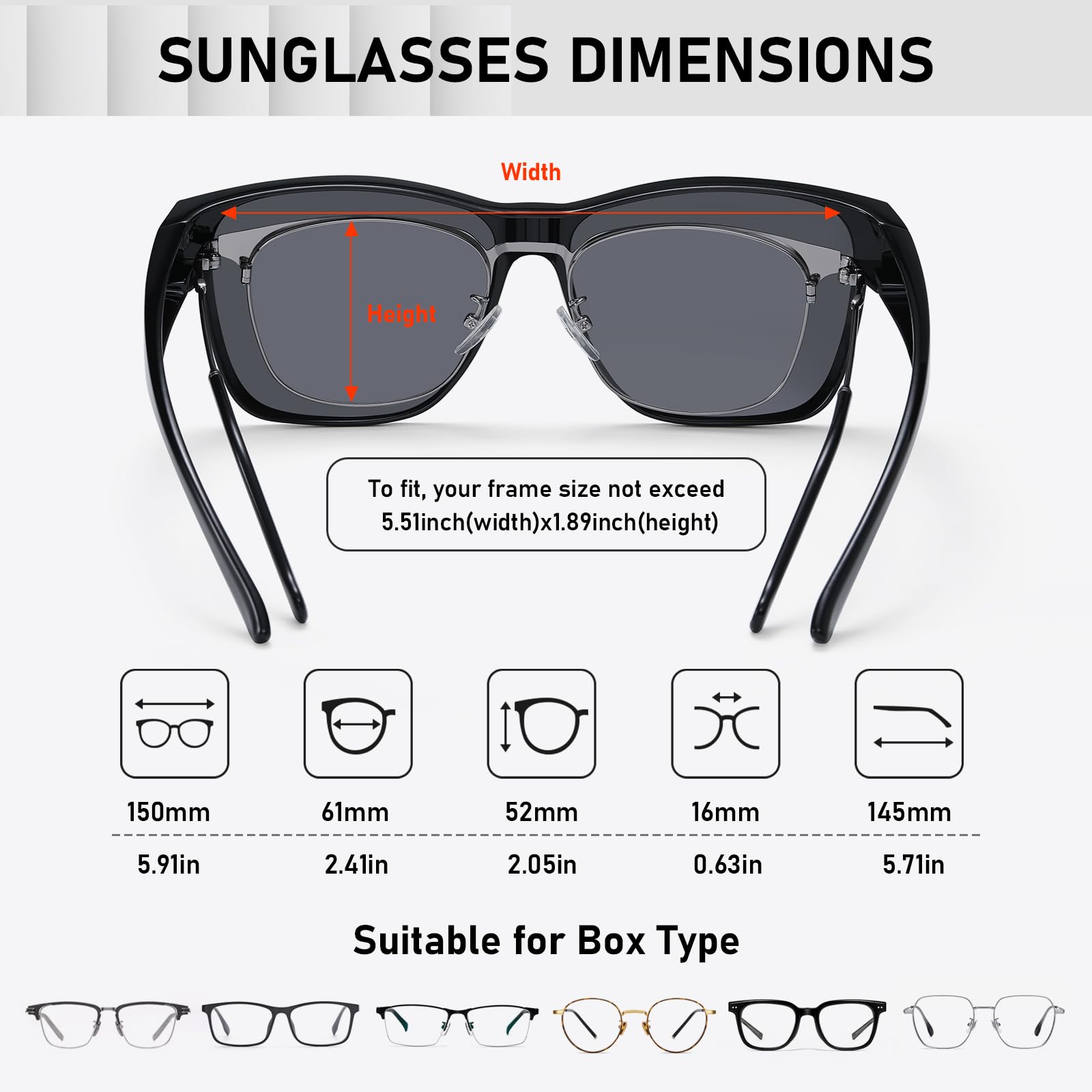 Überglas-Sonnenbrille für Herren und Damen, leichte, quadratische polarisierte Sonnenbrille, zum Tragen über Brillen, UV-Schutz