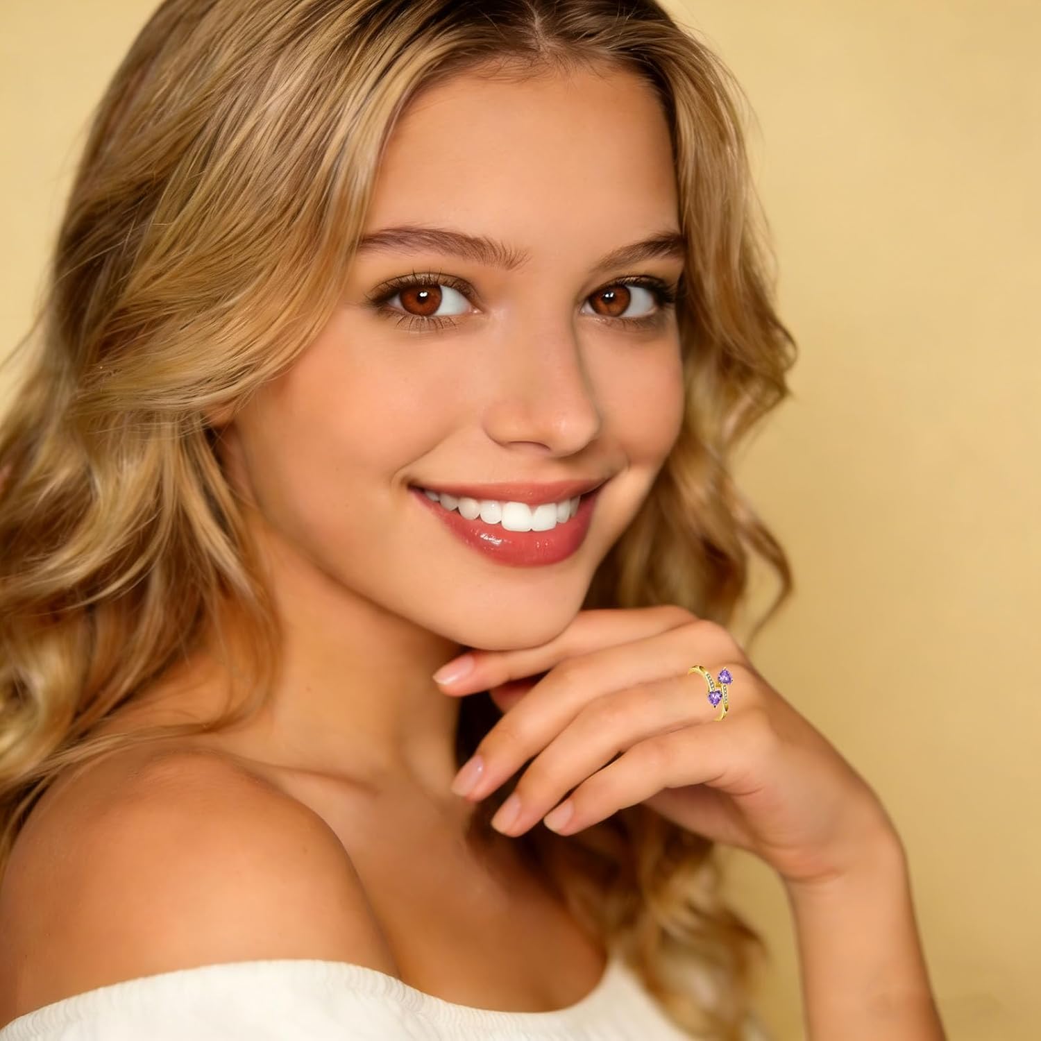 Adjustable Heart Promise Ring, 18K Gold Plated Birthstone Ring for Women Dainty CZ Gemstone Statement Band, Personalized Birthday Jewelry Gift, Adjustable (US Size 5-10) - Image 5