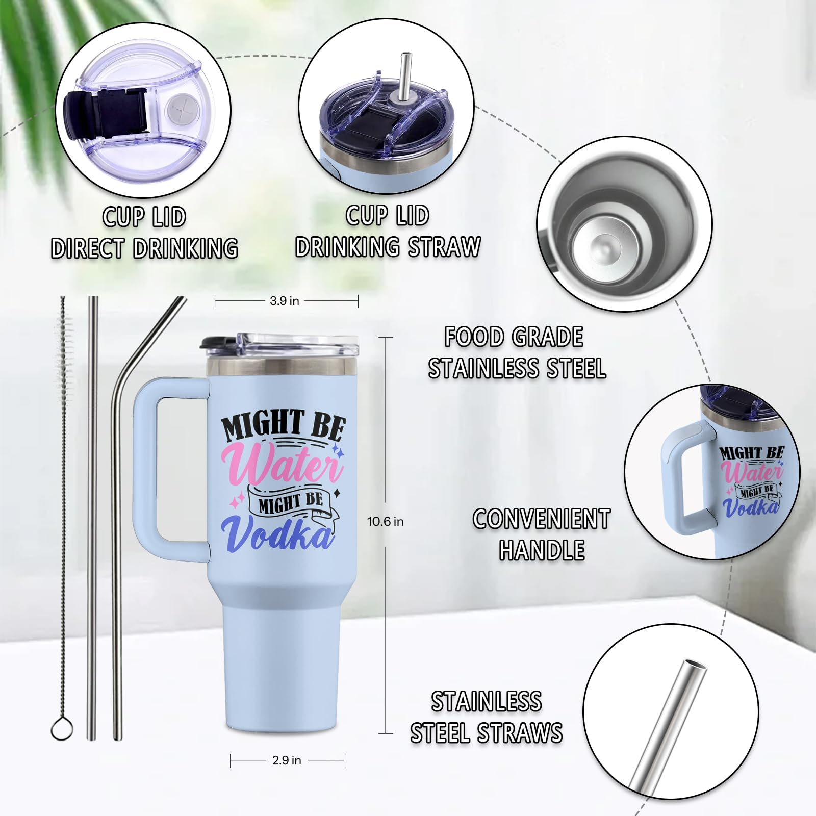Might Be Gift, 40 Oz Might Be Water Might Be Vodka Tumbler with Handle & Straw, Might Be Wine Tumbler, Thanksgiving Christmas Birthday Gifts for Woman Man, Stainless Steel Might Be Cup, 1 PCS