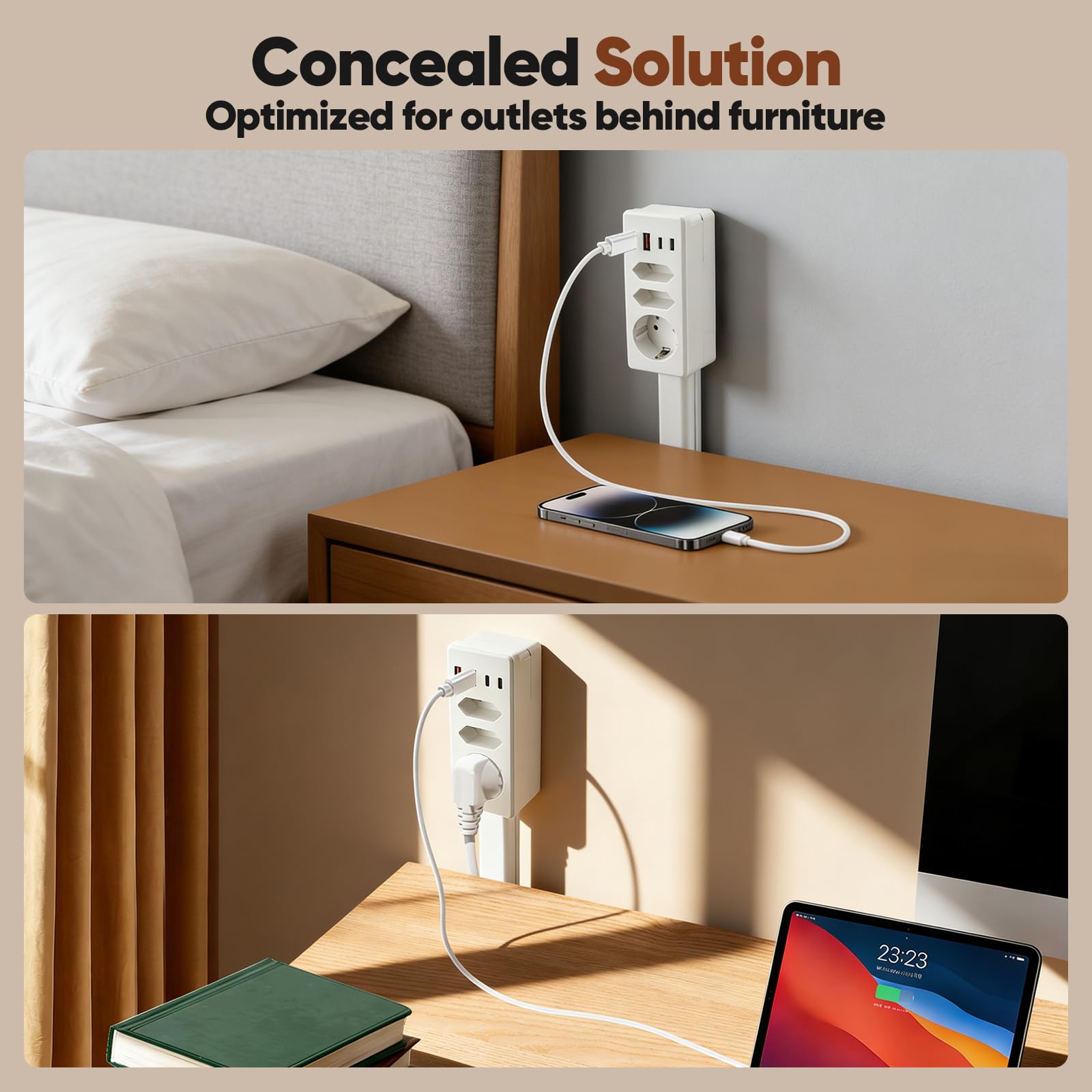 Regleta Extensible Pared de 47-67 cm, Enchufe Alargador Extensible y Giratorio 360°, Regleta Múltiple con 3 Tomas AC + 2 USB-A + 2 USB-C, para Cocina, Escritorio, Viajes, Camping
