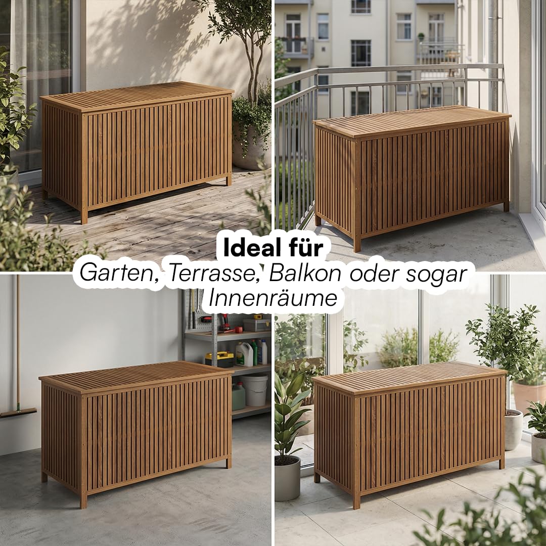 STEELSØN Alkes Aufbewahrungsbox aus geöltem Akazienholz – Auflagenbox mit hochwertiger Innenplane – Outdoor Kissenbox mit klappbarem Deckel – Sitztruhe sicherer Halt – Gartenbox wetterfest 114x52x59cm