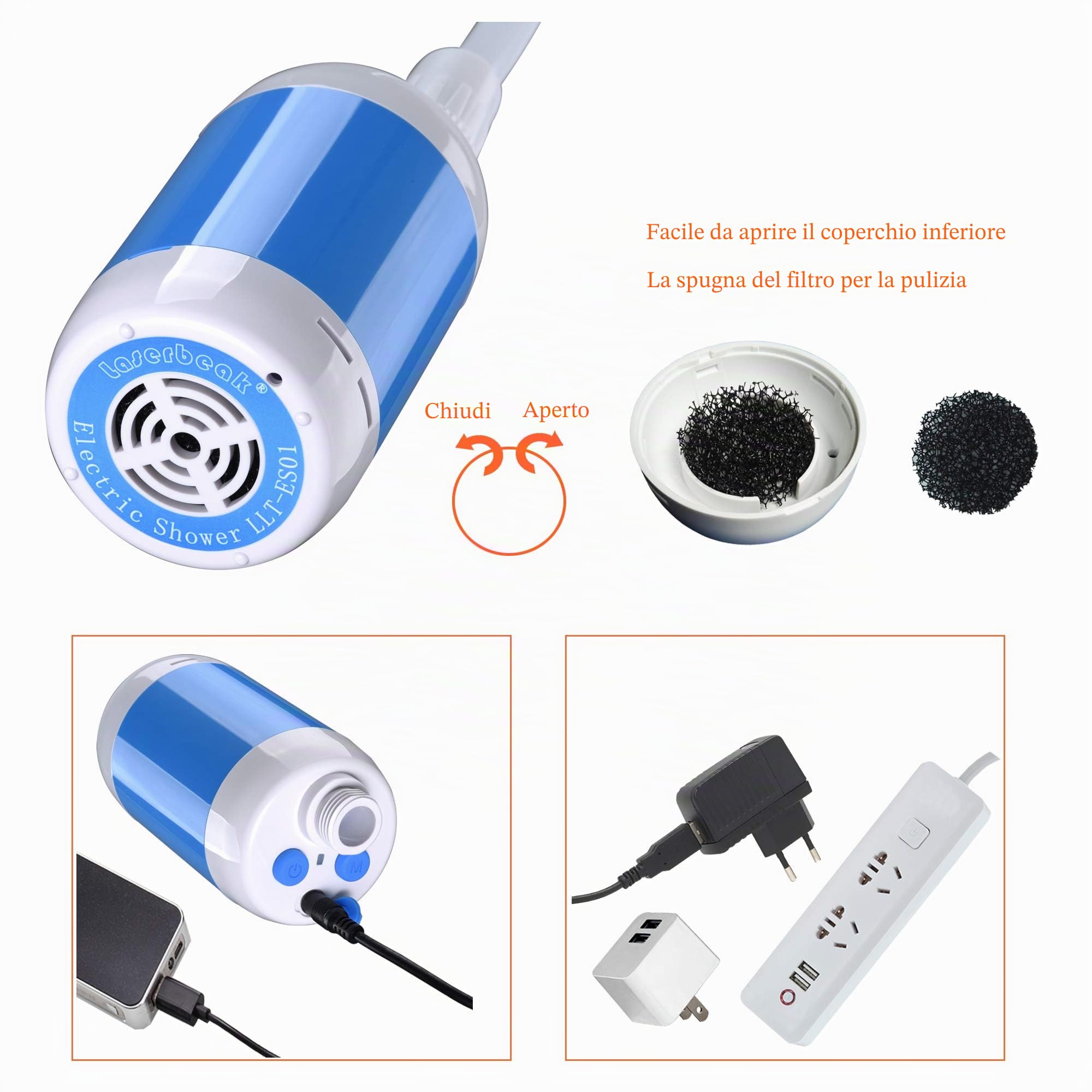 Laserbeak Doccia Campeggio Doccia Portatile Doccia Elettrica, Doccia Esterno con Valvola dell'Acqua e Batteria Integrata 4800mAH