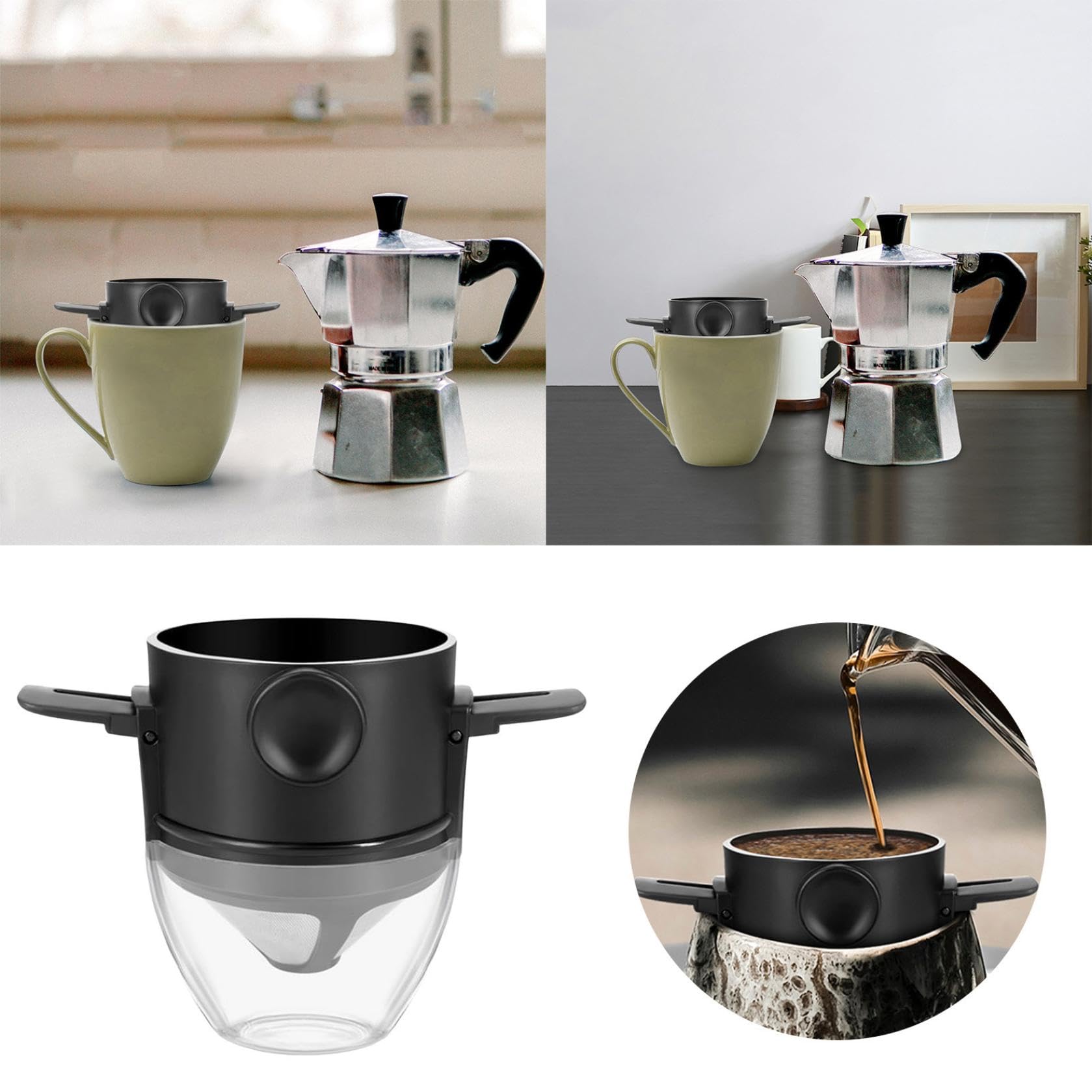 Pour Over Kaffeemaschine, wiederverwendbarer Edelstahl-Kegel-Tropfer mit Filter und Reinigungsbürste für Zuhause, Büro und Reisen – 1–2 Tassen Kapazität