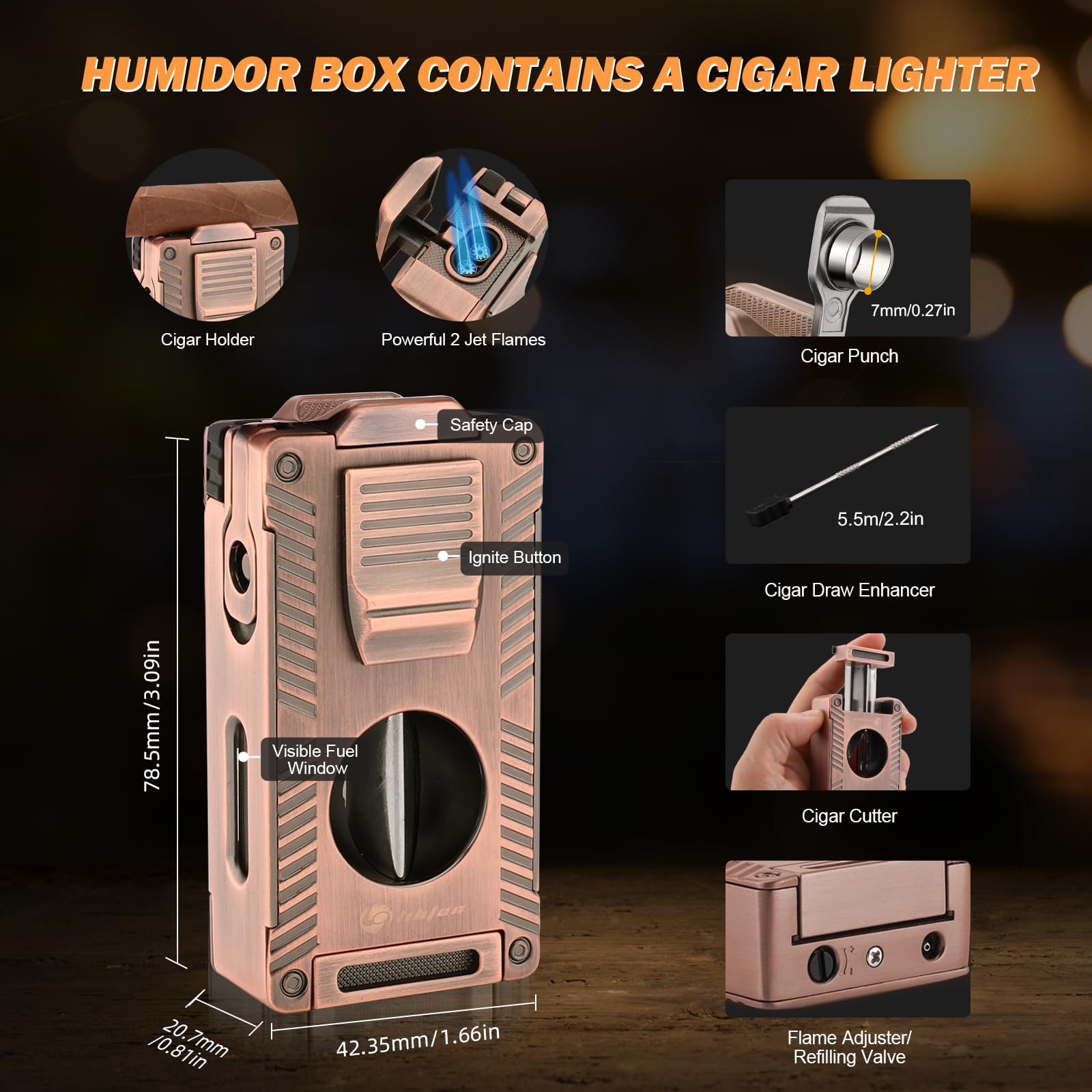 LIHTUN Zigarren-Humidor, Leder-Reise-Zedernhumidor mit 5-in-1-Multifunktions-Zigarrenfeuerzeug-Set, tragbarer Reise-Humidor und Feuchtigkeitsmesser