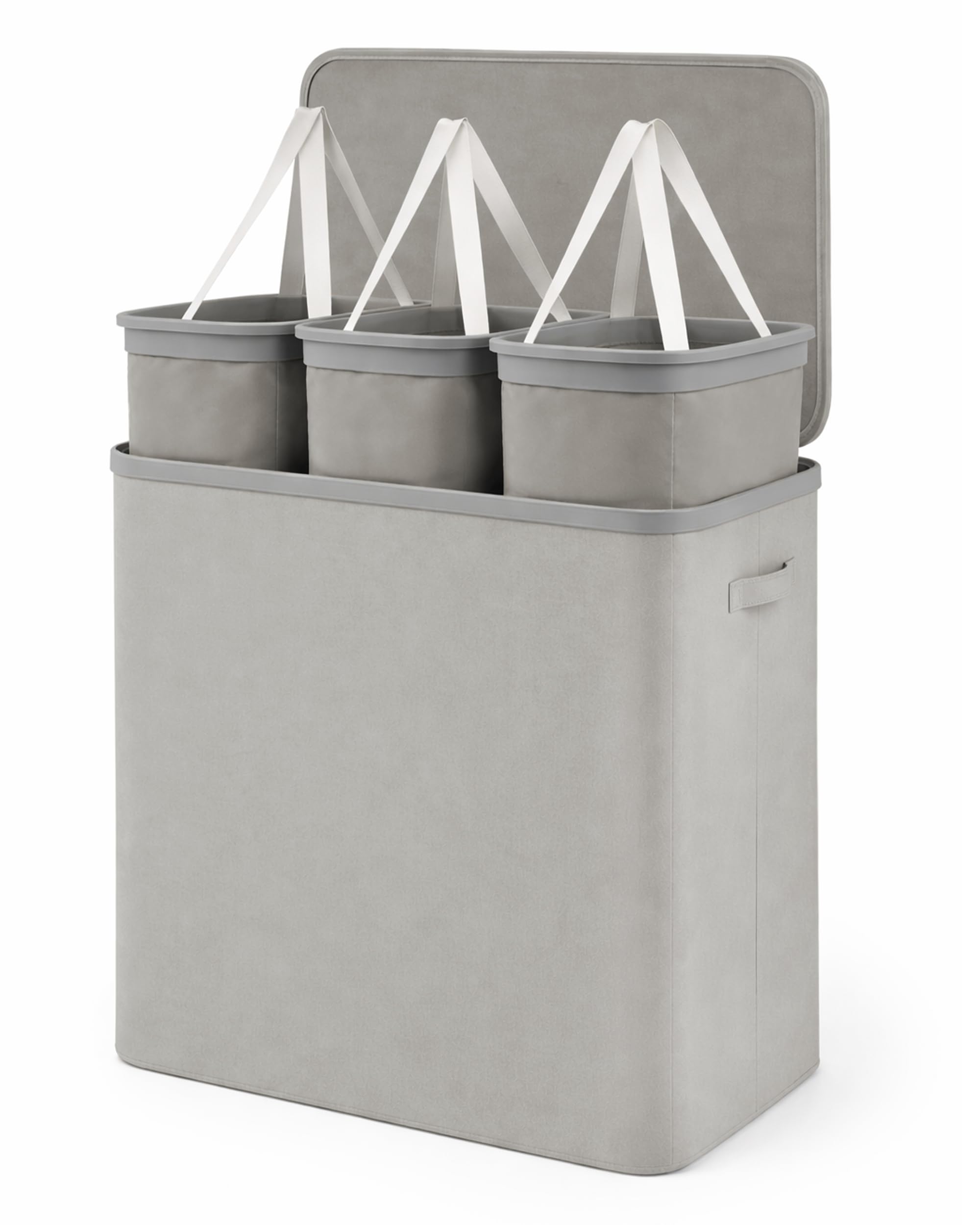 Keplin Collapsible Triple Laundry Basket with Lid & Removable Liner – 170L 3-Compartments Clothes Sorter, Fabric Laundry Hamper with Handles, Easy Assembly, Stylish Storage for Home, 64x40x67cm, Grey