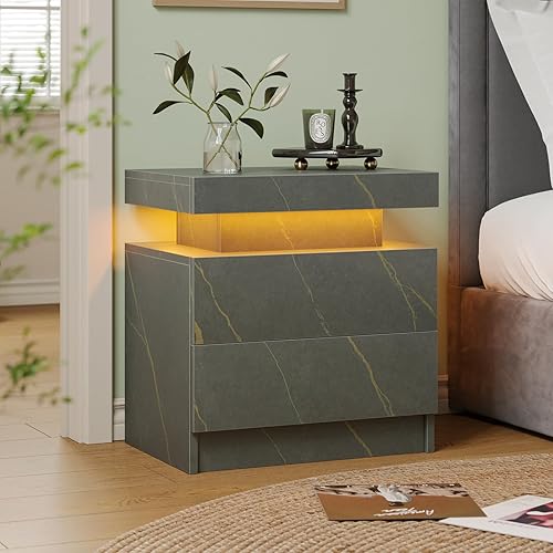 Miniatura 6 de Juego de 2 mesitas de noche LED, juego de 2 mesitas de noche modernas, tiras de luz LED multicolor, cajón deslizante, almacenamiento de gran