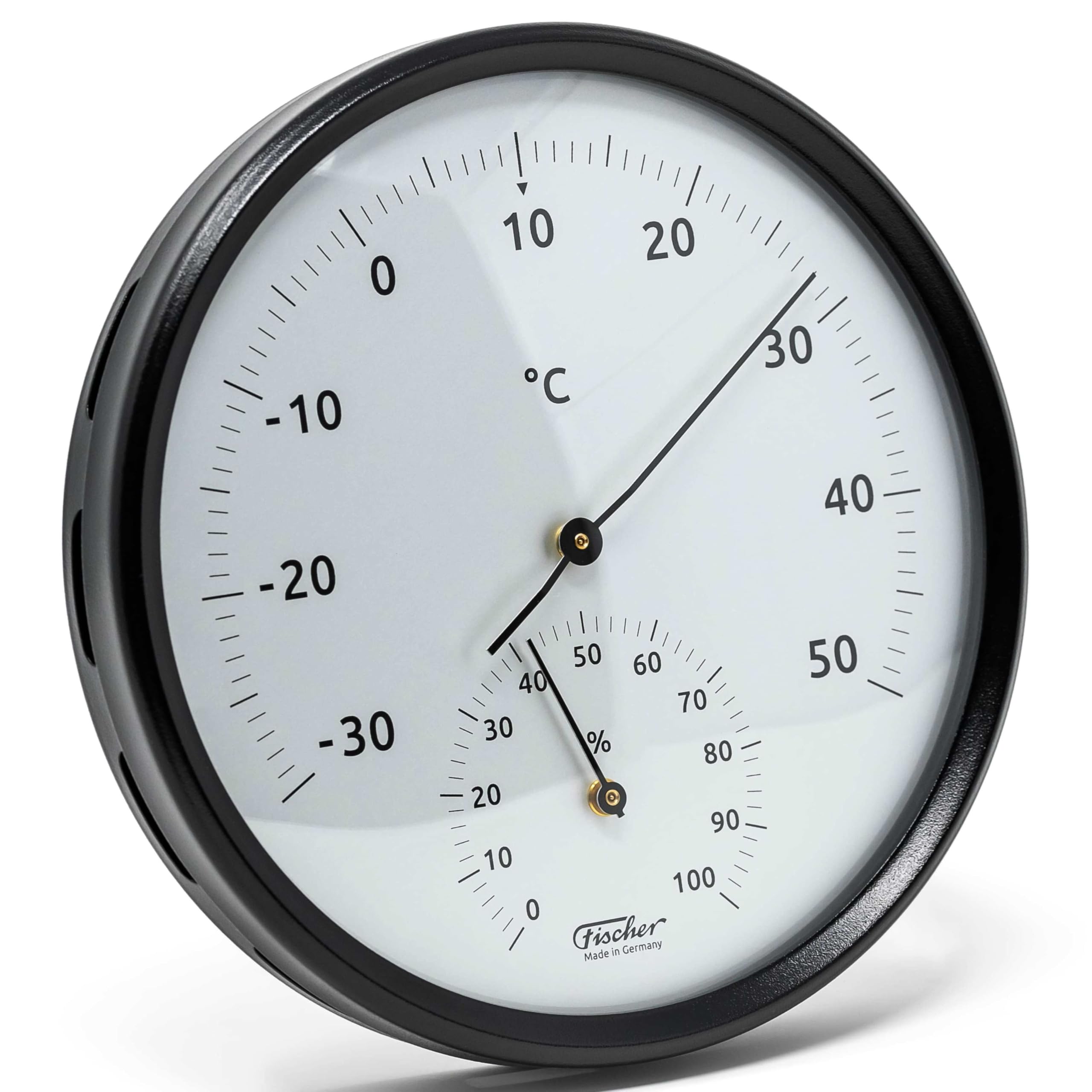 Fischer 186TH-06, termoigrometro, acciaio inox, nero, prodotto in Germania | Termometro e igrometro bimetallico, intervallo di misurazione 0-100% r. F., precisione ± 5% r F, 160 mm di diametro