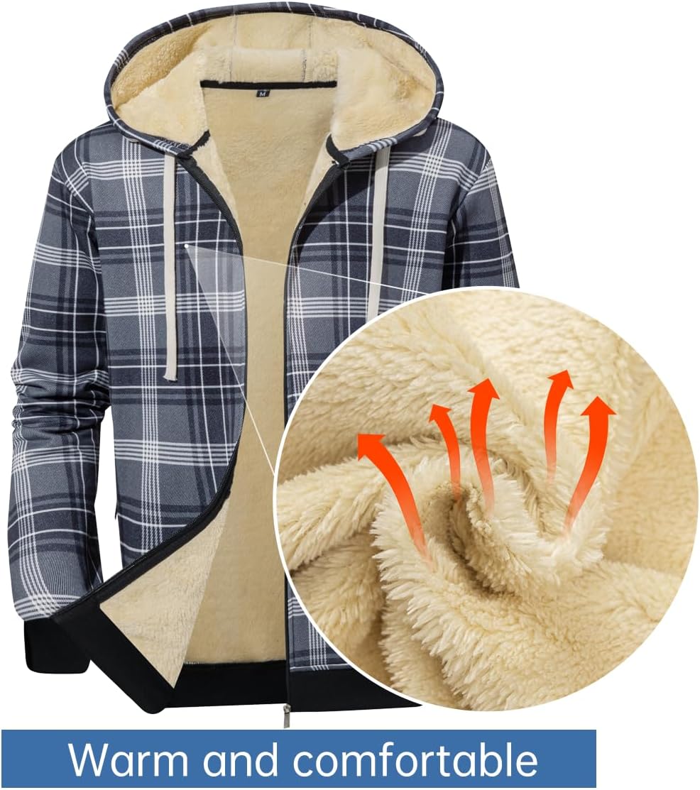 Men's Plaid Fleece-Lined Hoodie Jacket, Winter Sherpa Zip Up Coat with Pockets, Warm Flannel Shacket for Outdoor Casual