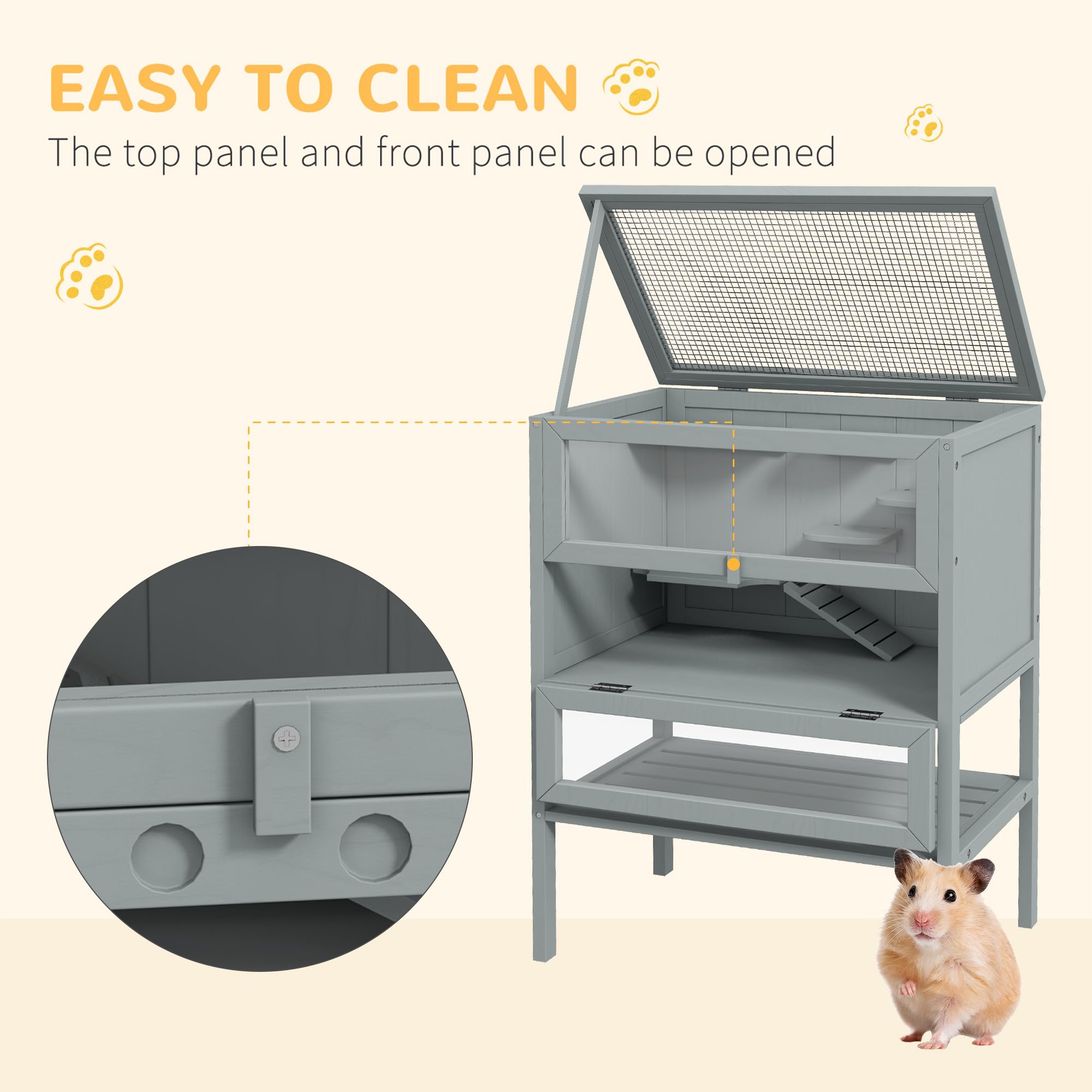 PawHut Jaula de Madera para Hámster con Estante 60x40x80 cm Gris | Casa de juego para animales pequeños, jaula para jerbo, techo abrible, rampa, para jerbos, hámsteres enanos