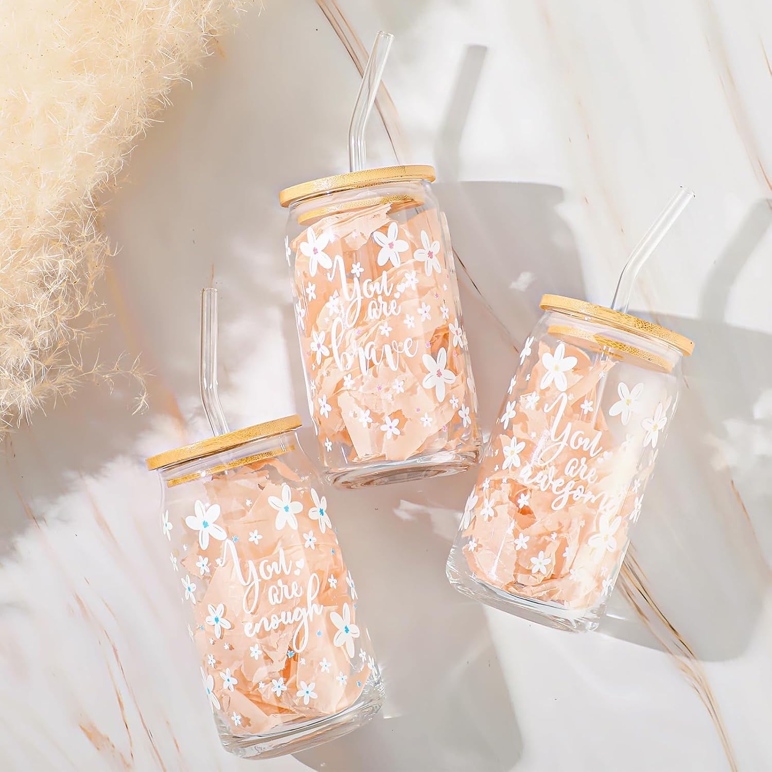 12 Pcs Inspirational Gift for Women 16 oz Glass Cups with Lids Coffee Cup Bulk Thank You Appreciation Gift for Employee Team Coworker Staff (Flower)