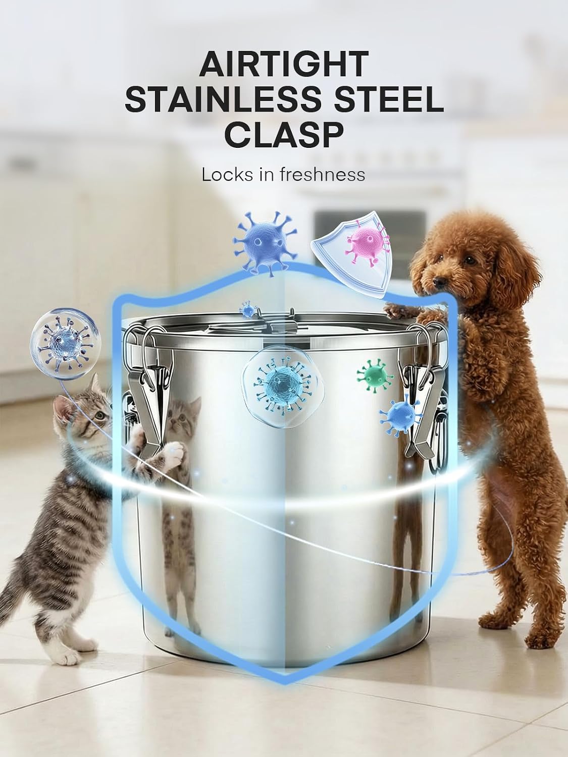 FOHERE Stainless Steel Dog Food Storage Container, 25/30LBS Airtight Moisture-Proof Dog Food Bin with Locking Lid, Keep Kibble Fresh for Dogs Cats, Home Kitchen Garage Use, Easy to Clean