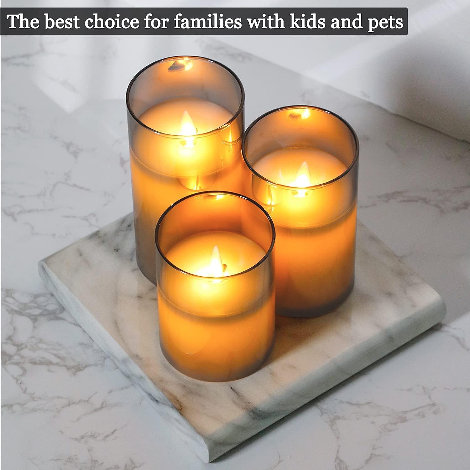 LED Candles Flameless Candles 4"5"6" Set of 3 Real Wax Light, Battery Operated Candles Gray Glass Pillars Realistic Flickering Wick Flame Mode, Lantern Candles with Remote Control 24 Hour Timer