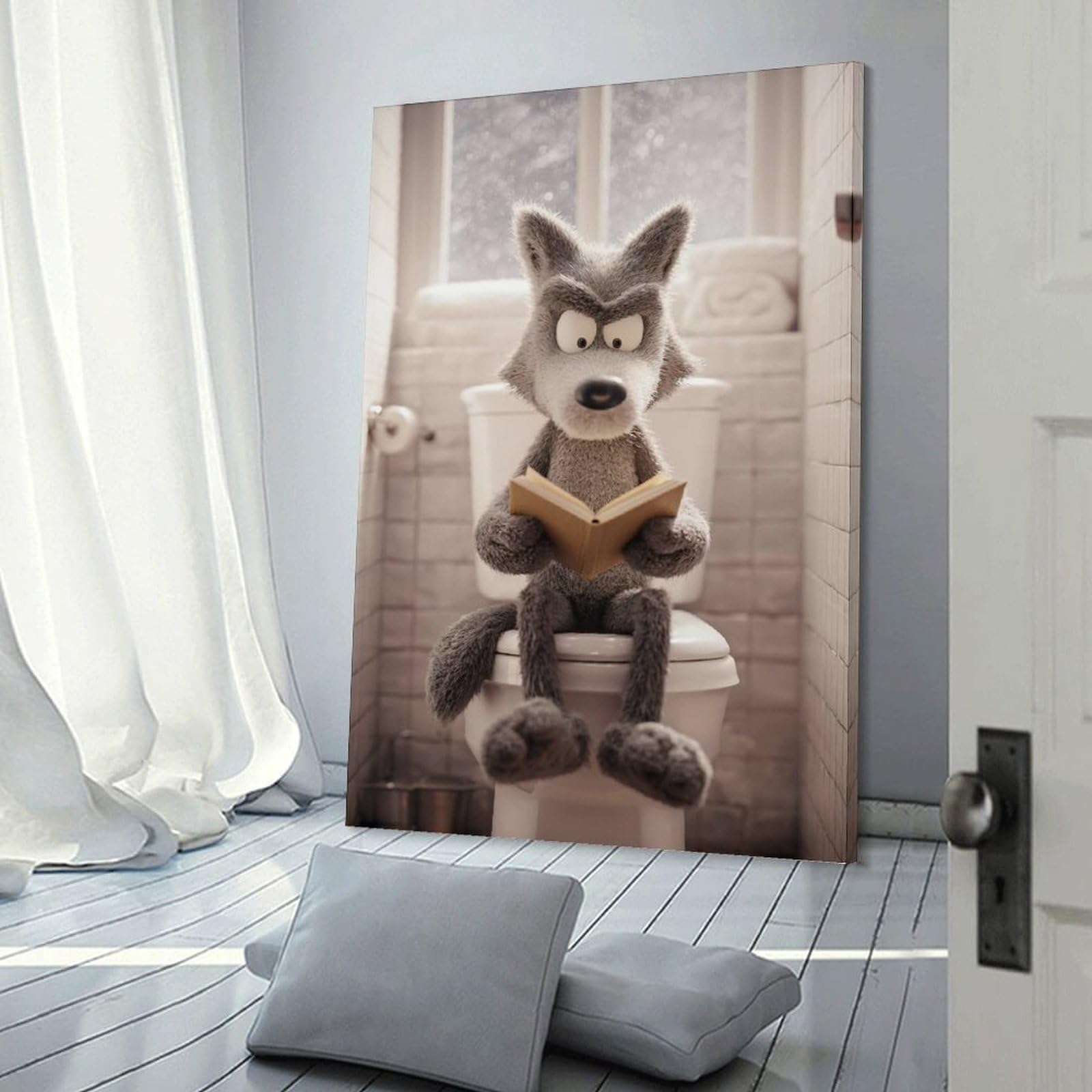 Junmoney Frame-Style-1 Wolf Reading A Book On A Toilet Hanging Wall Art, 16X24inch(40X60cm), For Gallery Wall Decor And Room Displays, Home Wall Art For Statement Displays