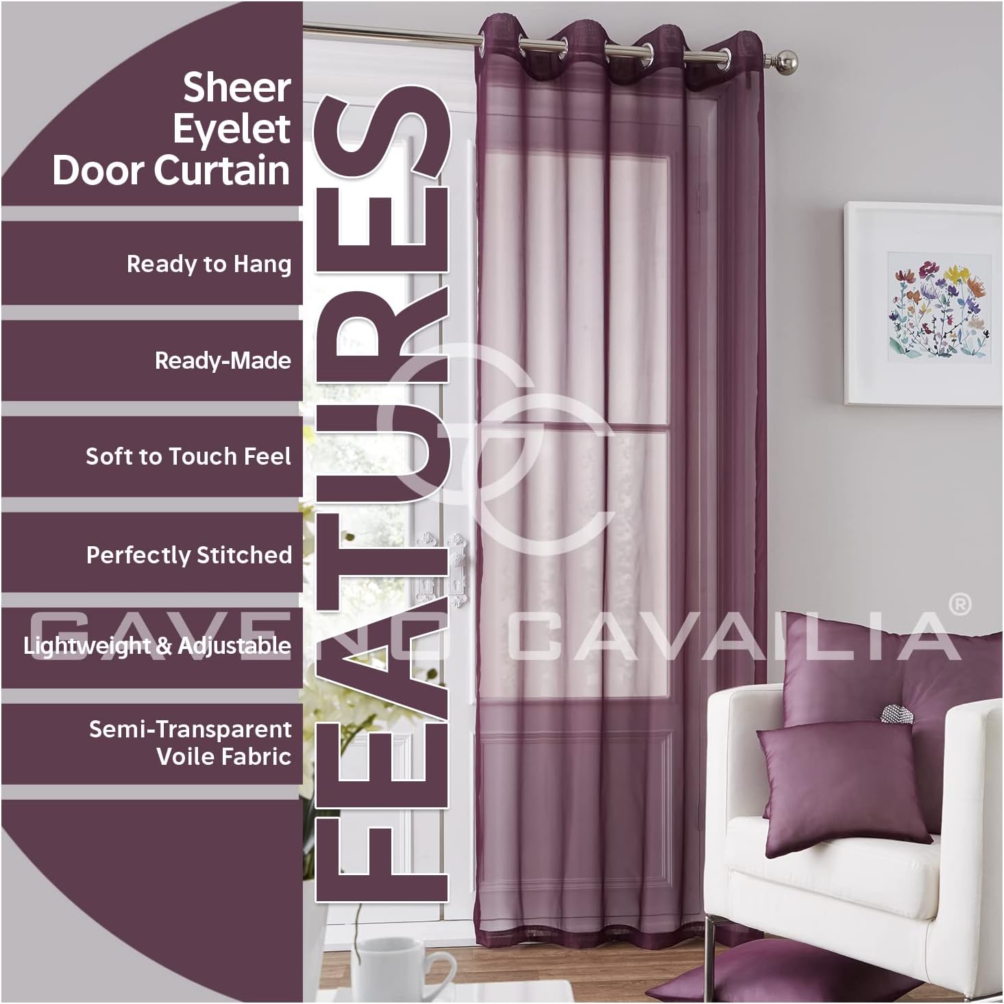 GC GAVENO CAVAILIA Eyelet Swiss Voile Curtain, Luxury Ring Top Drapery Glamorous Fancy Easy Care Window Treatment, Aubergine - Image 3