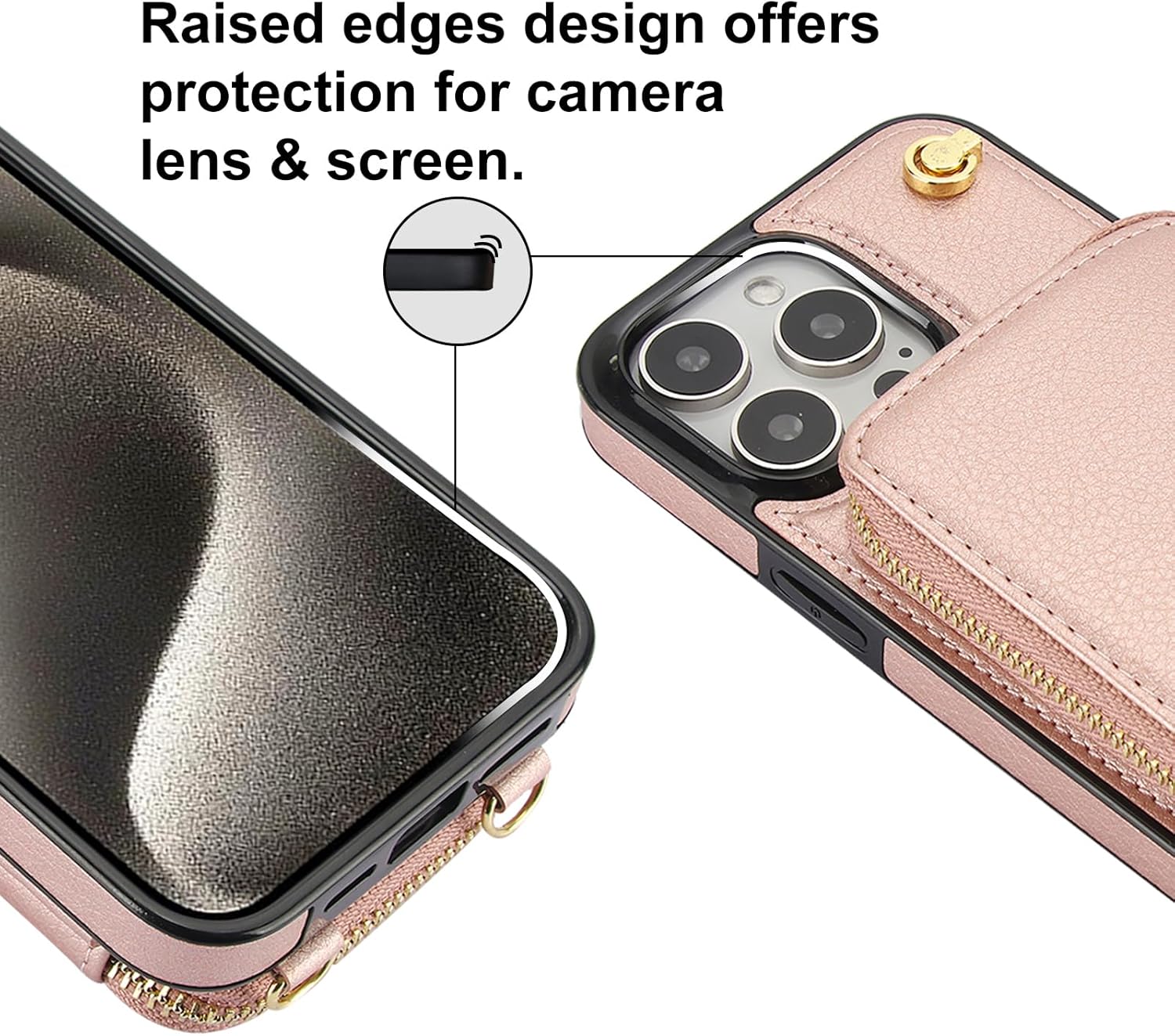Bocasal for MagSafe Crossbody Wallet Case Compatible with iPhone 15 Pro Max, RFID Blocking Protective Purse Case with Card Slots Holder Kickstand Wrist Strap Lanyard Zipper 6.7 Inch 5G (Rose Gold)
