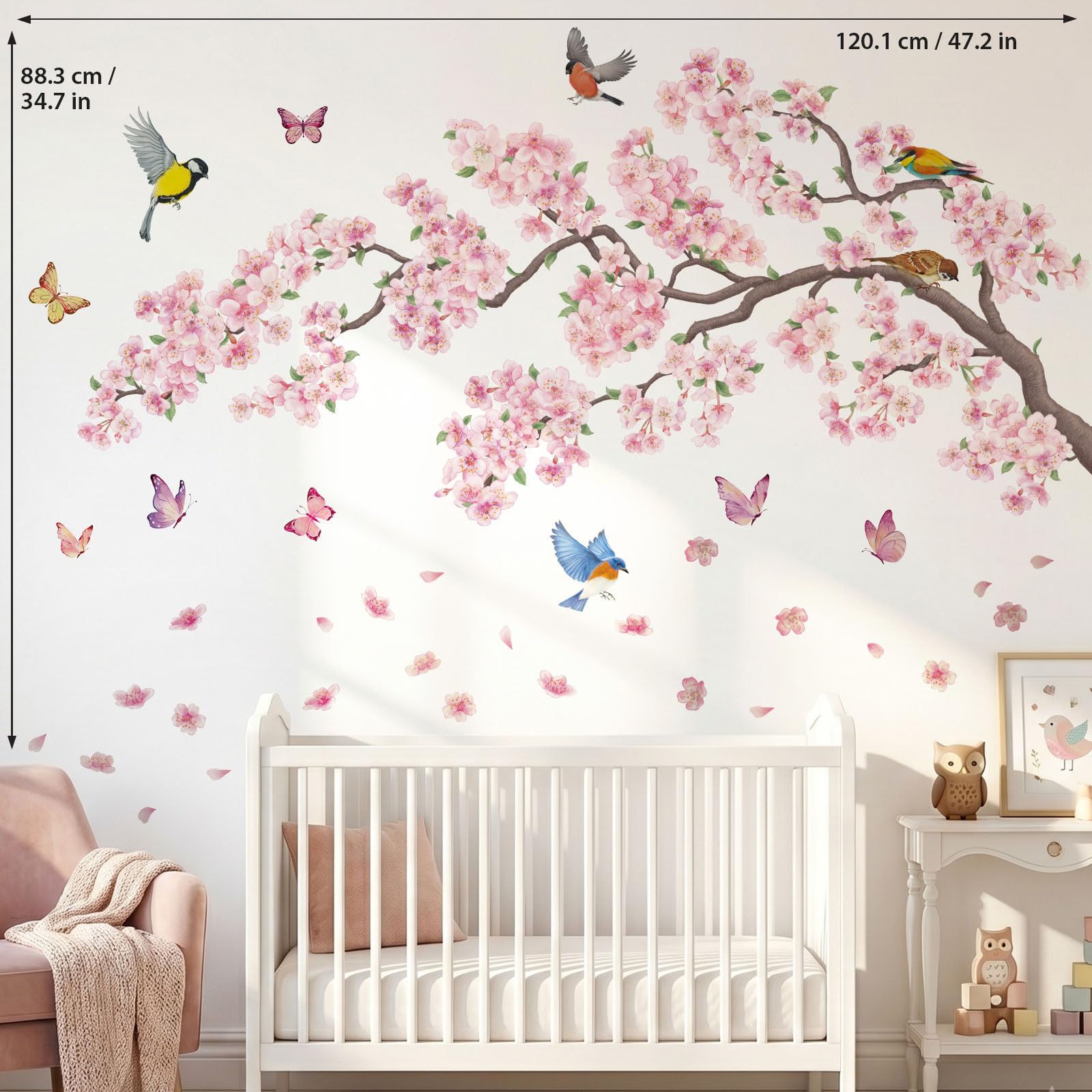DECOWALL SG2-2427 Naklejki ścienne różowe kwiaty i ptaki gałęzie wiśni do sypialni salon sofa TV tło dekoracja ścienna