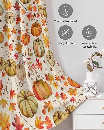 Miniatura 3 de Thanksgiving Fall Doorway Curtains - Blackout Curtains 80 Inches Long, Orange Teal Pumpkin Maple Leaf Rustic Sliding Door Curtains Grommet Window