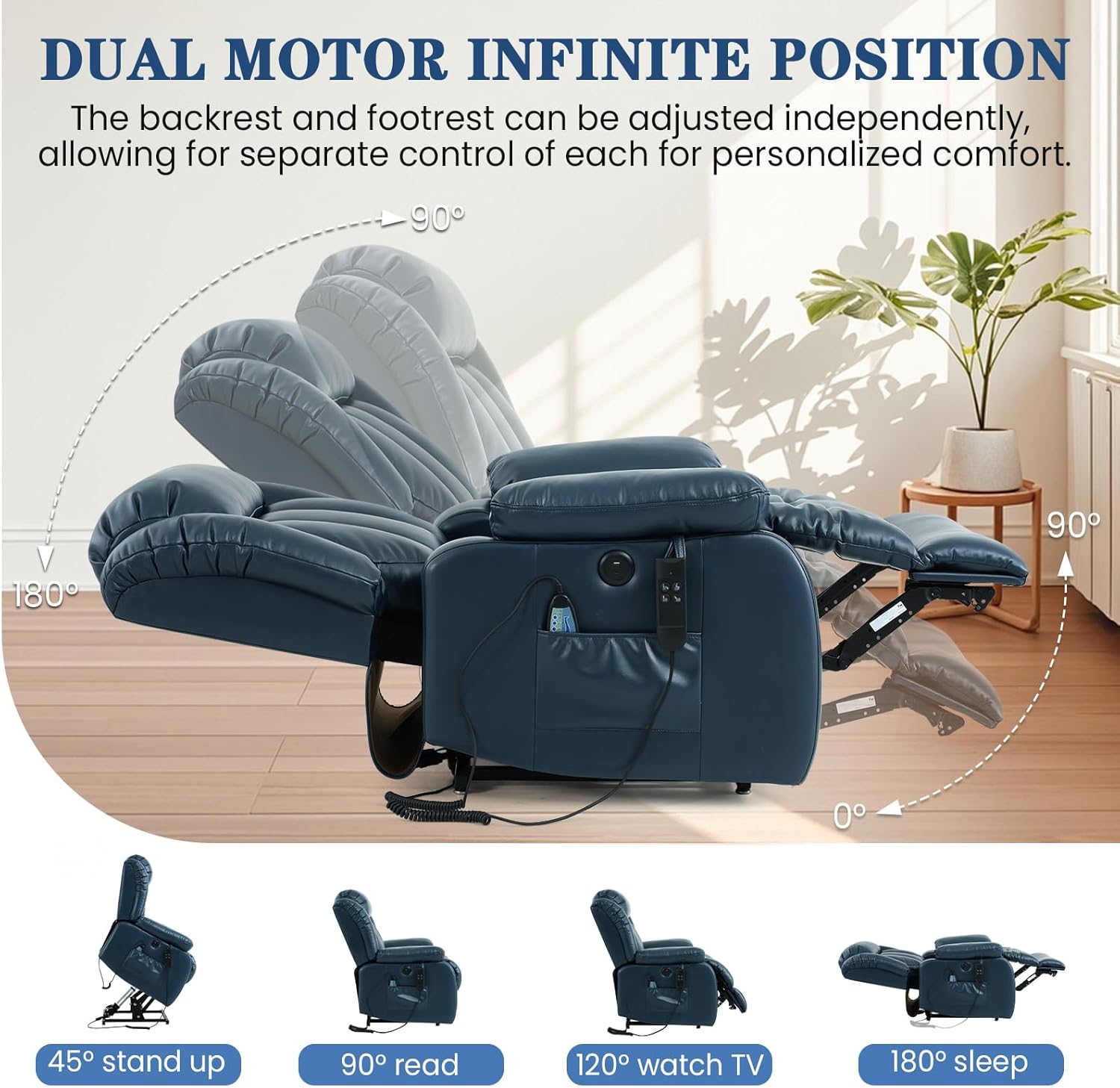 Lift Recliner Chair, Dual Motor Infinite Position Lay Flat Lift Chairs with 8-Point Massage & Heat,USB/Type-C Ports, Dual Remote Control,Heavy Duty 350lbs Capacity, Width 18.6" (Leather, Dark Blue)