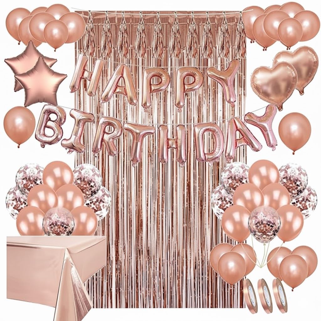 Areebz 82pc Rose Gold Birthday Party Decorations, Happy Birthday decoration banner Latex Confetti Star Heart foil Balloons tassel curtain tablecloth for Girls Women Party Supplies