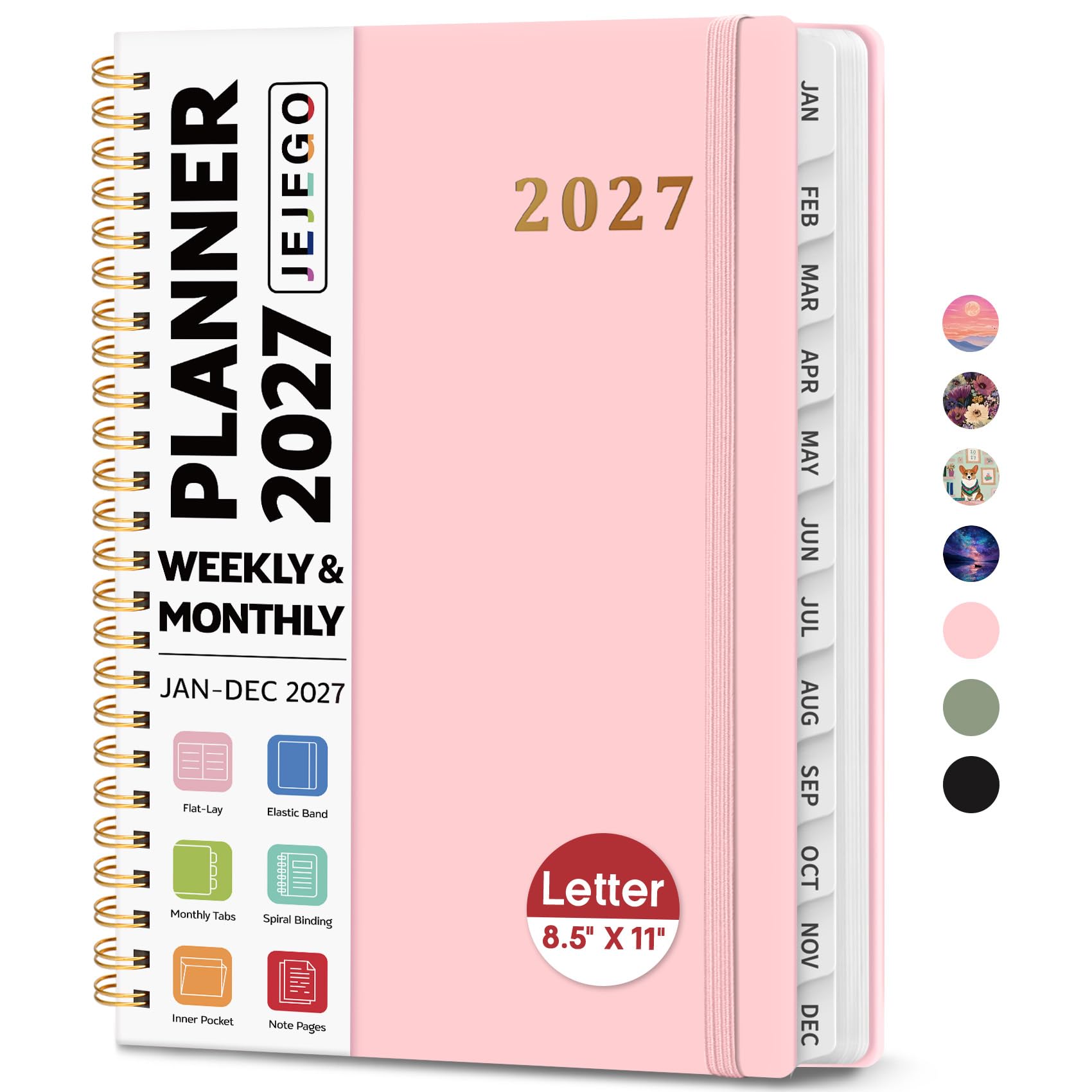 Agenda 2027 de 8.5 x 11 pulgadas, calendario semanal y mensual, enero de 2027 a diciembre de 2027, agenda en espiral de tapa dura con pestañas mensuales, páginas de notas, perfecto para mujeres y