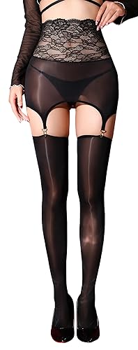 FEOYA Women's Oil Shiny Lace Top Garter Pantyhose with Shimmer Thigh High Stockings Suspender Tights Hosiery (No Thong) - One Size - Black