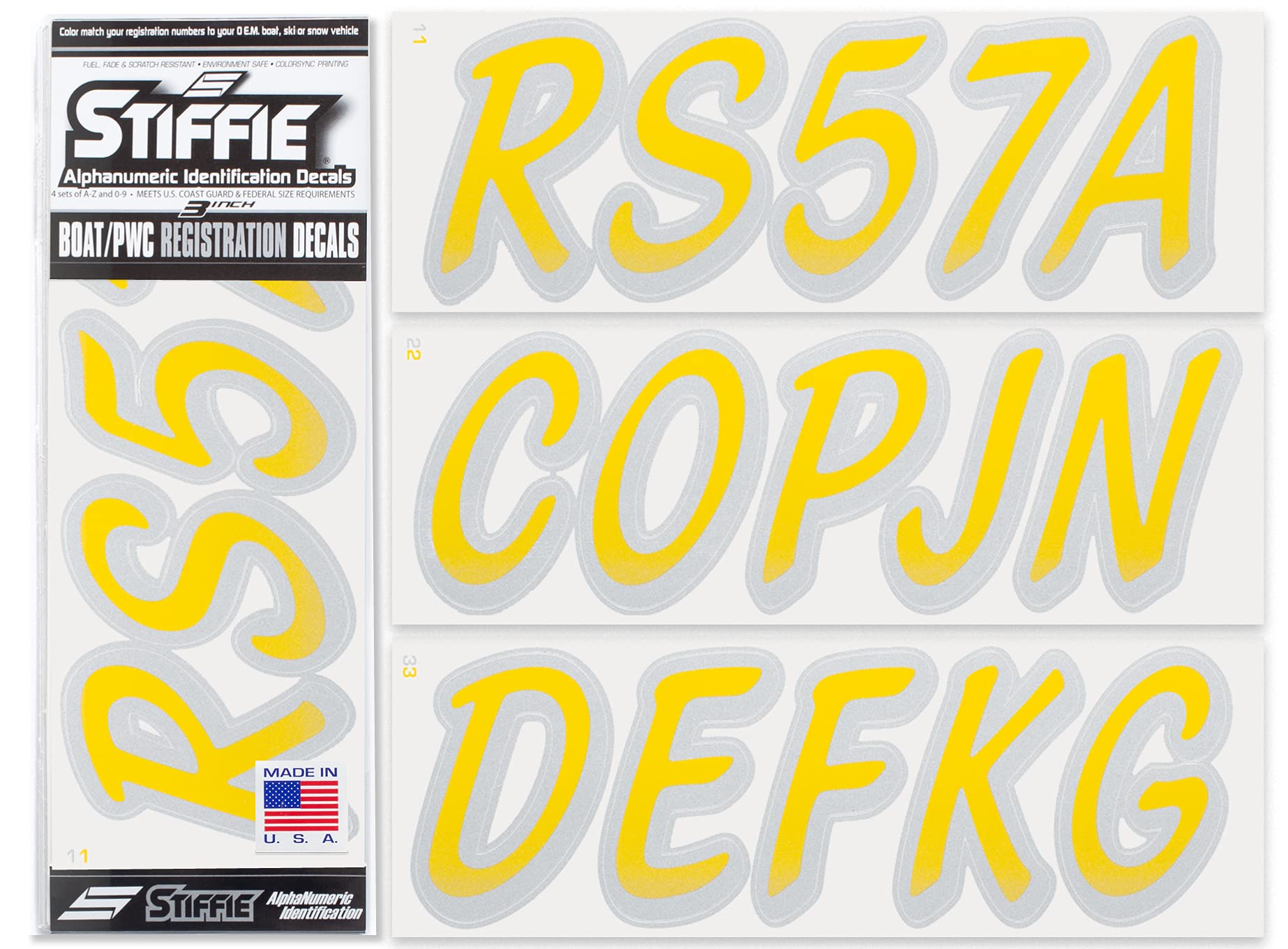STIFFIE Whipline Yellow/Silver 3" Boat &amp; PWC Registration Decals • Numbers Letters Stickers