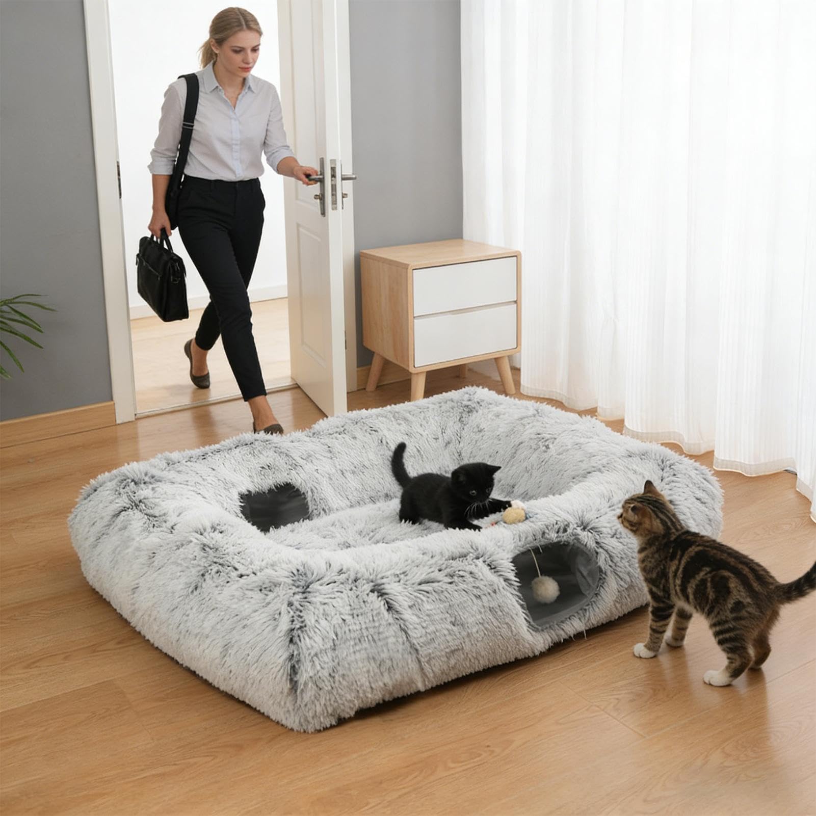Katzenbett mit Tunnel 4-in-1 Vielseitiges Rechteckiges Katzenbett | Tunnelbett mit Katzenspielzeug für Innenbereich für Balkon Wohnung Innenbereich Schlafzimmer Wohnzimmer Zuhause saisonal