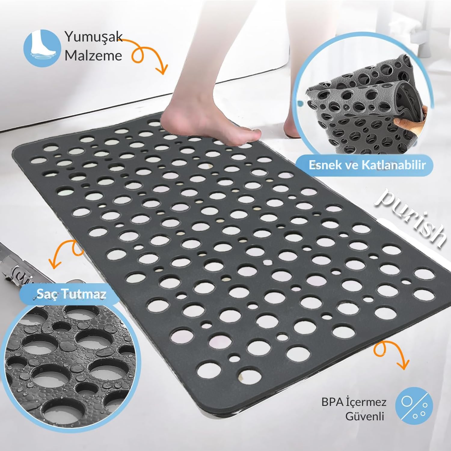 Purish | Kaymaz Banyo Paspası | Antrasit Gri | 66x36cm – Dikdörtgen Duş Matı, Küvet Paspası | Güçlü Vantuzlu, Su Tahliyeli, Yumuşak | Makinede Yıkanabilir | Kaydırmaz Zemin Matı (Antrasit Gri)