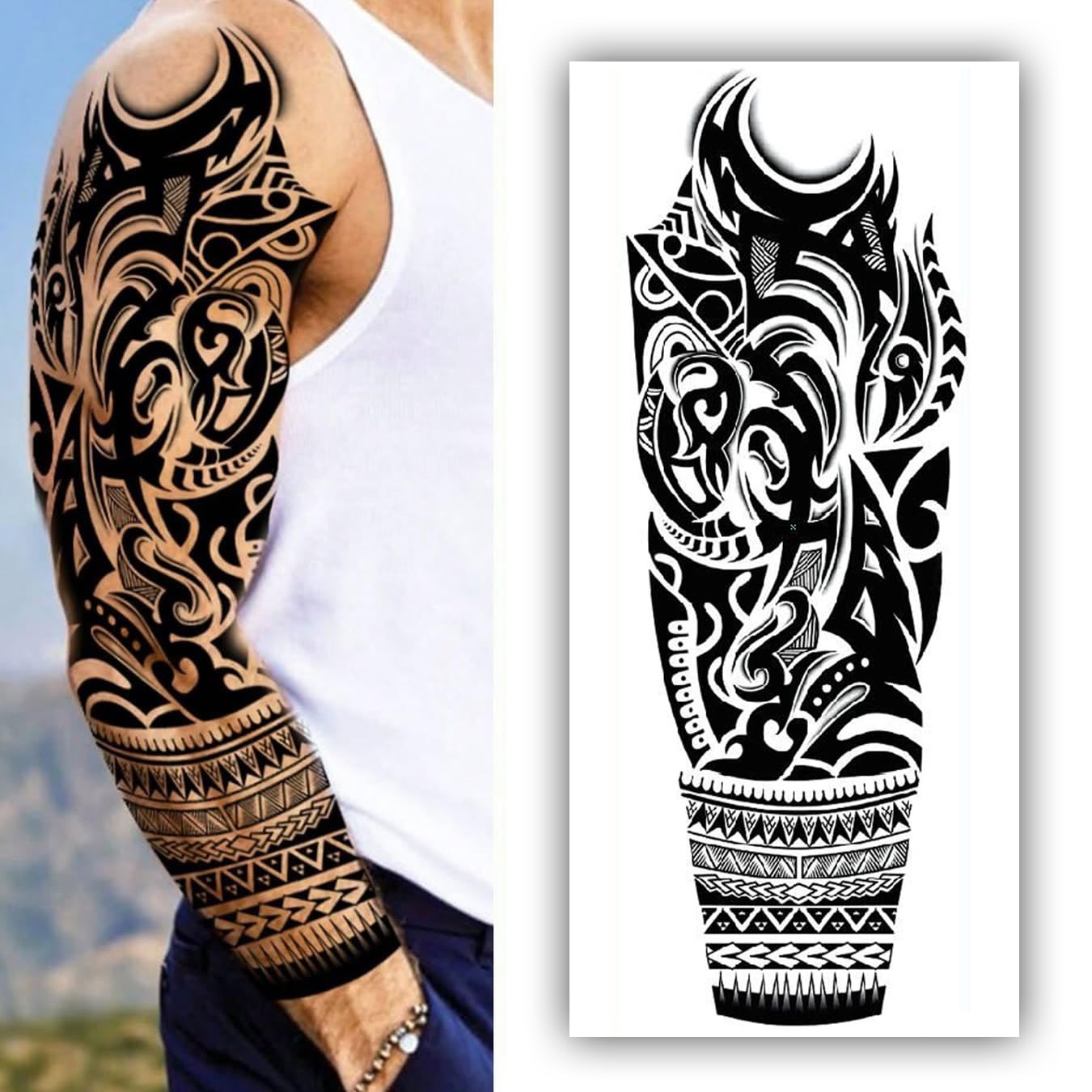 S.A.V.I Full Arm Temporary Tattoo for Men – 48x17cm Tribal Sleeve Design – Waterproof & Non-Toxic – Realistic Black Body Art Sticker – Easy to Apply & Remove – Party & Photoshoot Ready-image-26