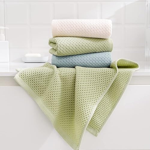 Miniatura 8 de Juego de 2 toallas de mano de punto gofre, ligeras, altamente absorbentes, de secado rápido, 100% algodón, para baño, hoteles, viajes, spa y
