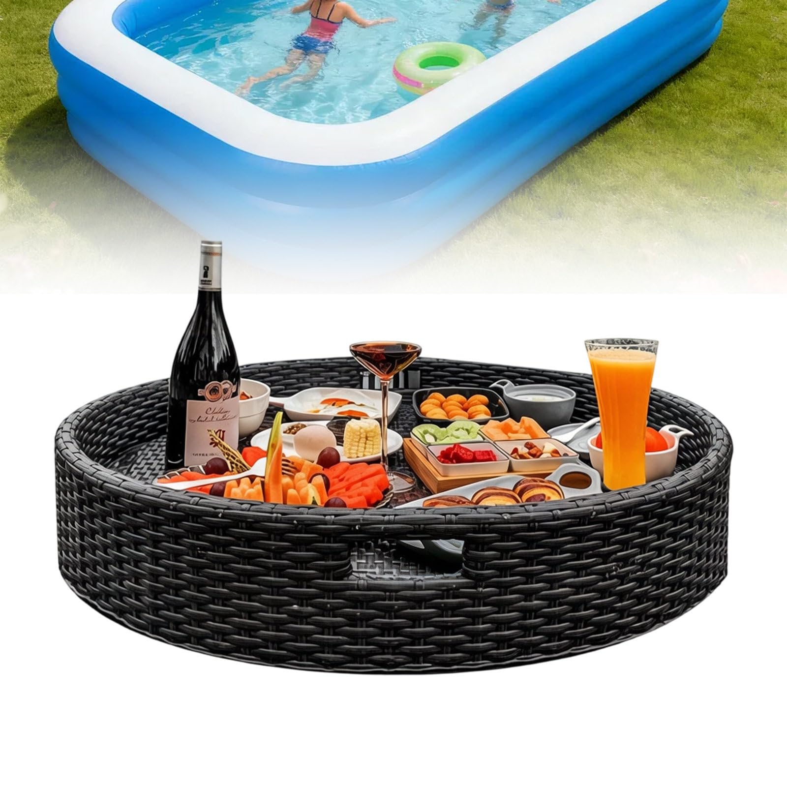 DzkZen Floating Tray for Pool,Round Rattan Woven Floating Serving Tray - Stylish & Functional Tray for Pool Serving Drinks and Brunch Moments Black-60cm