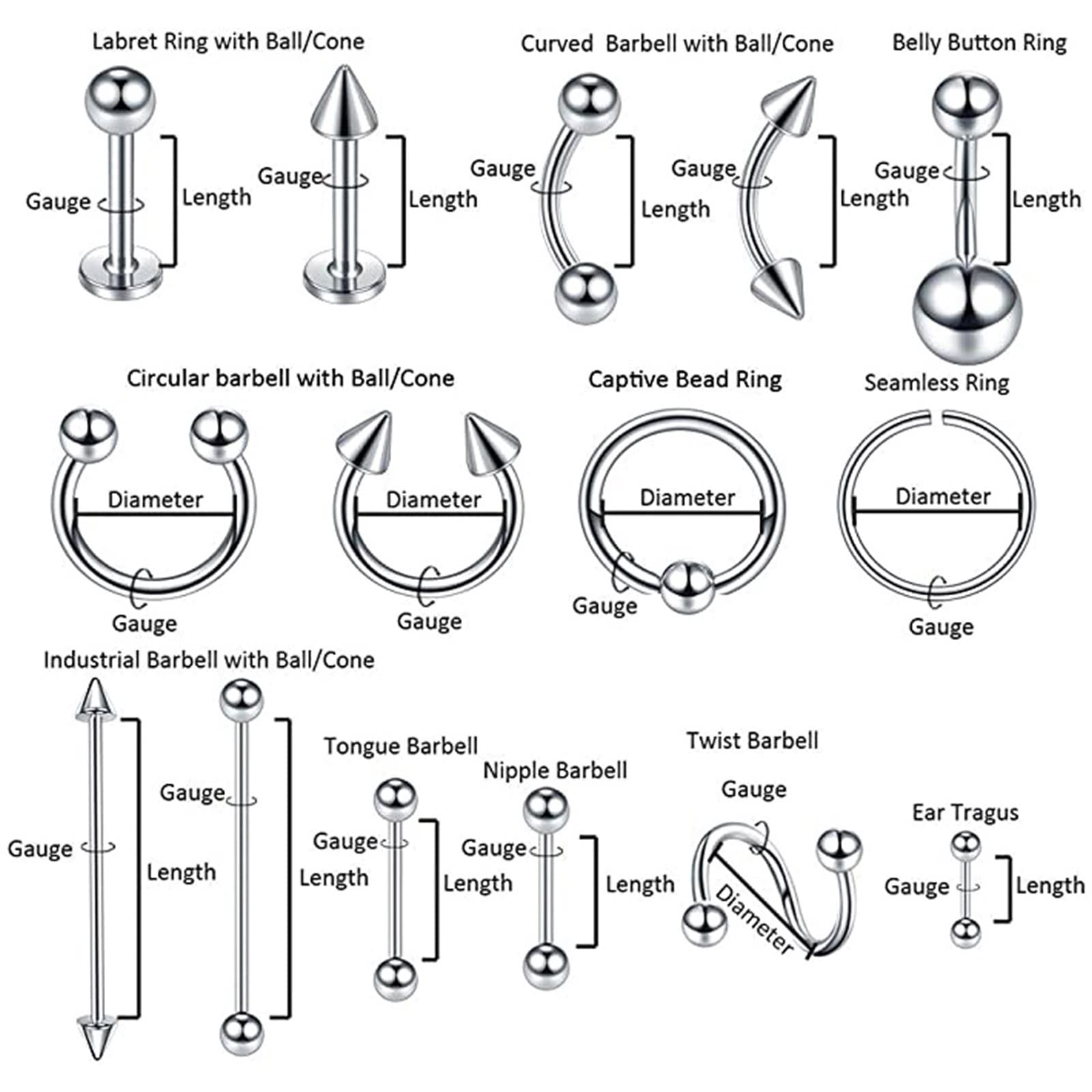 Nasenring Piercing, Septum Piercing Edelstahl 150Pcs Tragus Lippenringe Bauchnabel Zunge 1.2mm/1.6mm Stabstärke C und S Förmiger Bolzen Piercing