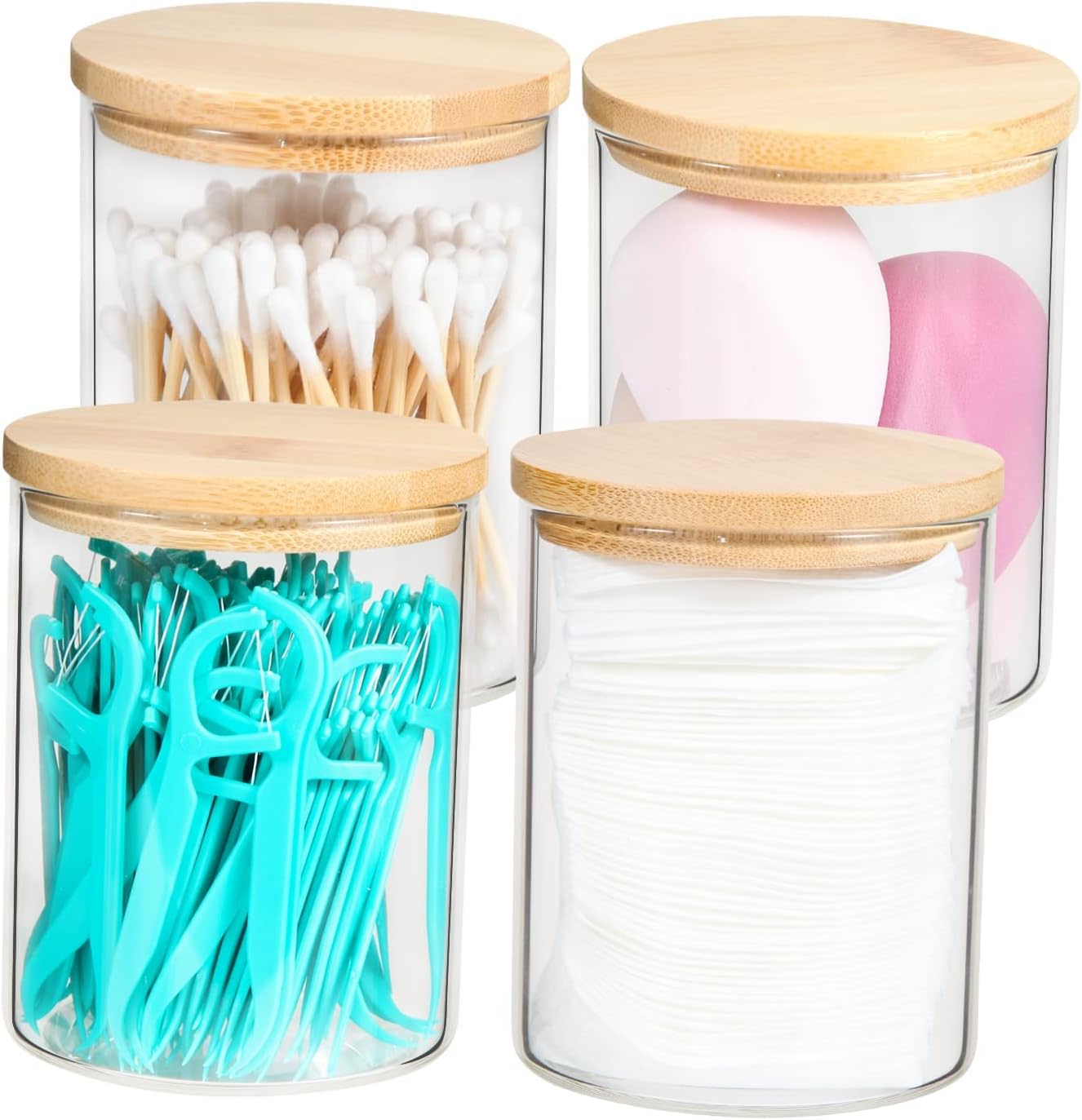 4 Pack Glass Qtip Holder Bathroom Set, Apothecary Jars Canisters with