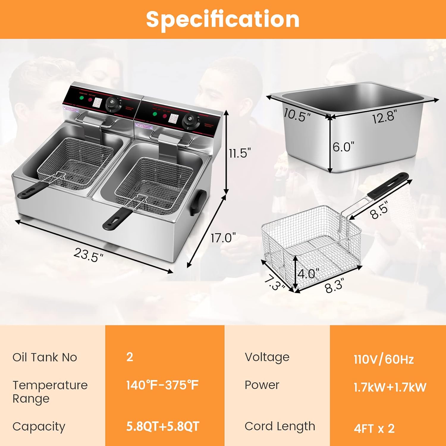 Diagram showing the dimensions of the deep fryer unit and its components, including oil tanks and frying baskets.