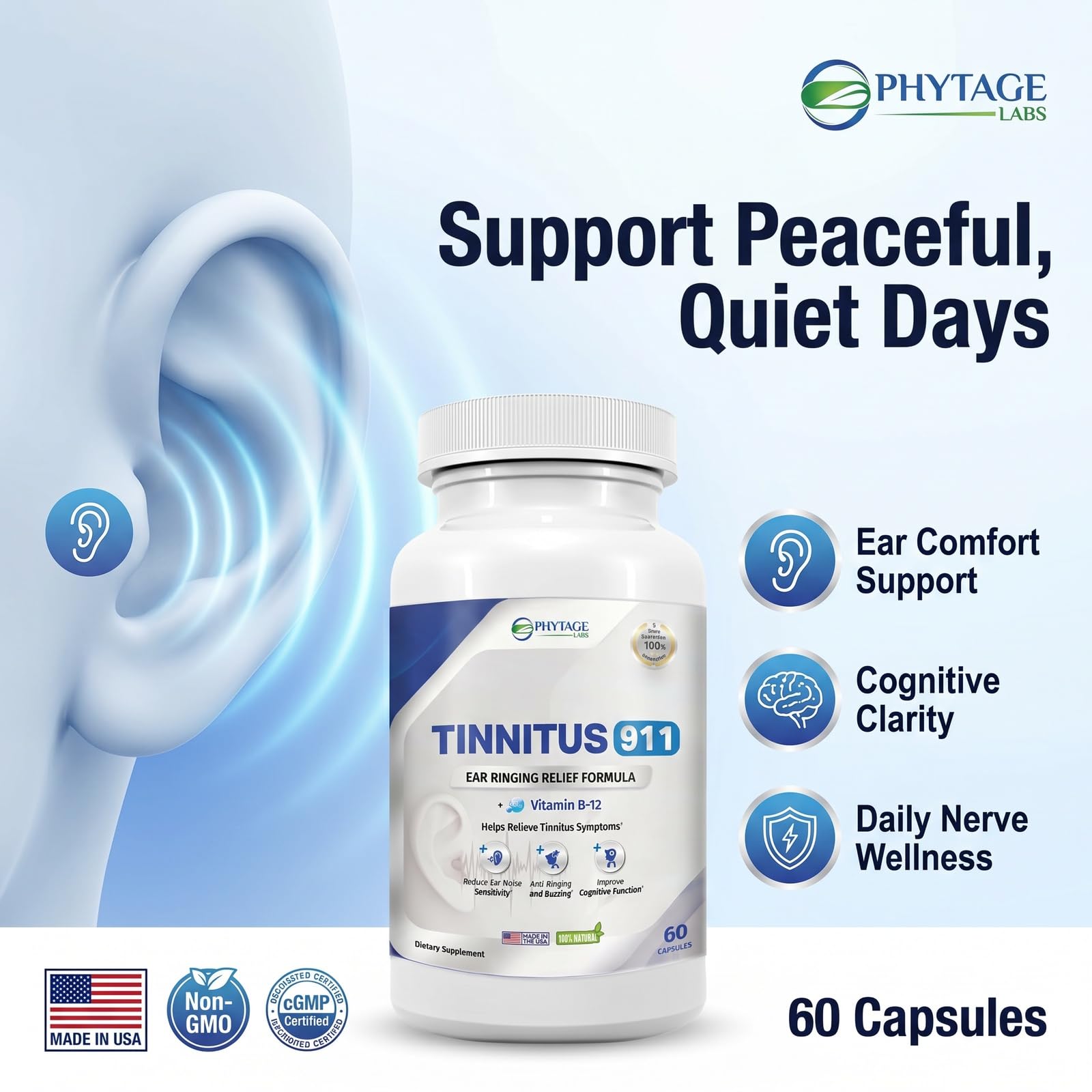 Tinnitus 911 Phytage Labs Advanced Ear Ringing Relief Supplement – Daily Auditory Support Formula with Vitamin B12, Hawthorn Berry, Olive Leaf & Green Tea Extract – 60 Capsules : Health & Household