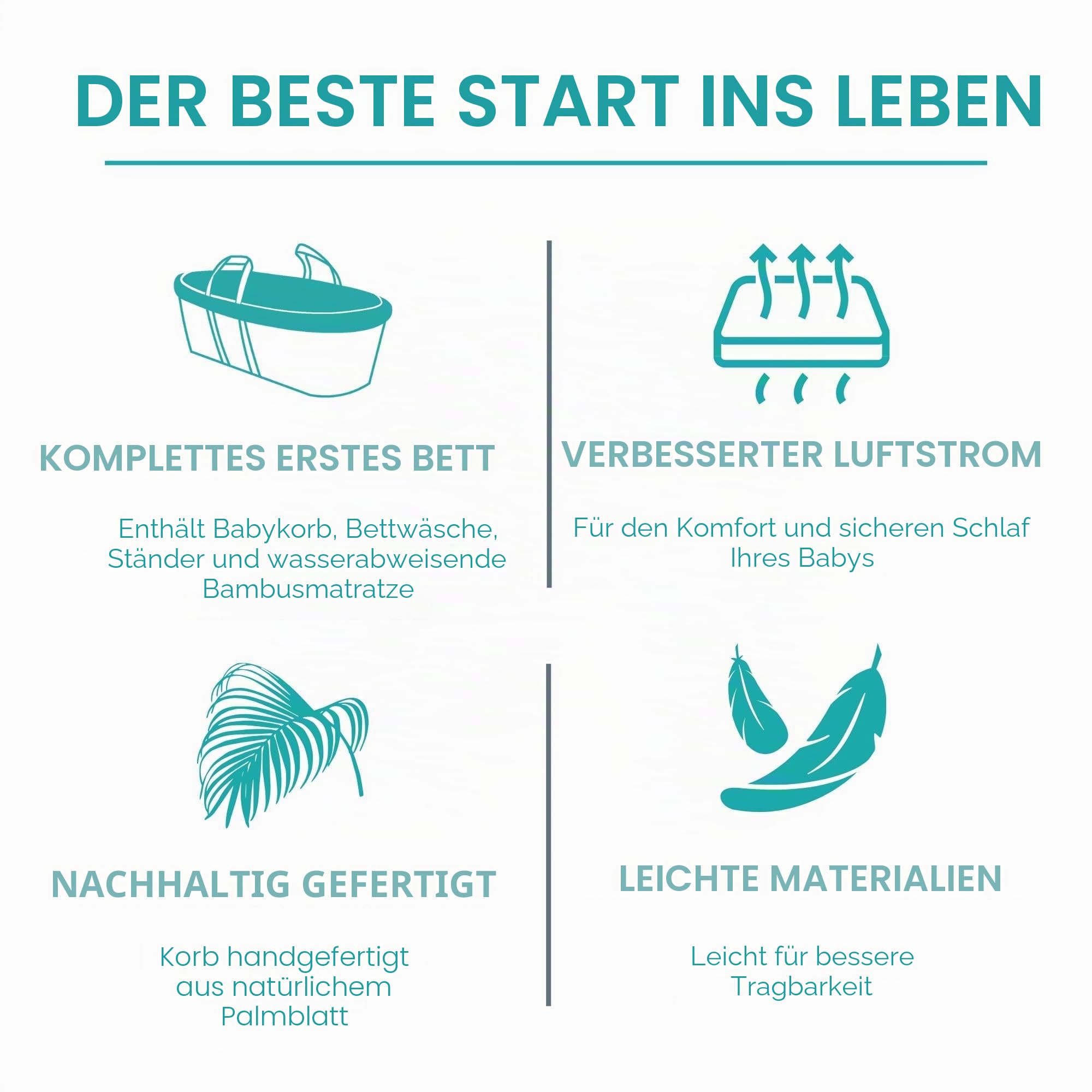 Clair de Lune Bio-Palmen-Babykorb und natürlicher Schaukelständer, preisgekrönter Baby-Stubenwagen, Palmenkorb, Bio-Verband, Bambusmatratze, Babydecke, Neugeborenen-Essentials (Naturcreme)