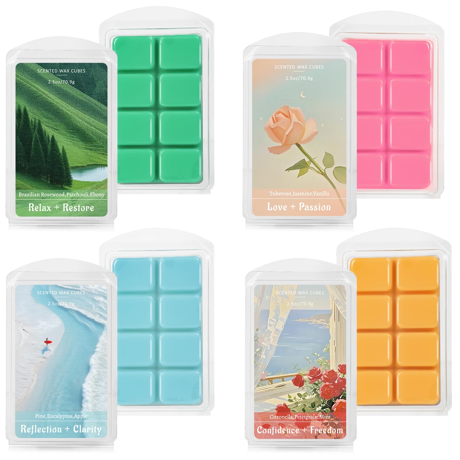 Scent-Hi Duftwachswürfe, Duftwachs, Wachswürfel - Natürliches Soja | 4 Düfte Wachstörtchen, Citronella, Tuberose, Kiefer, Patchouli Aromatherapie, Heimdekoration