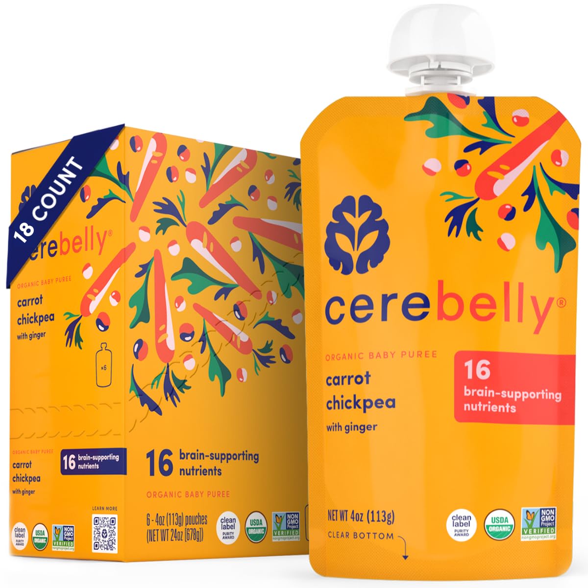 Cerebelly Baby Food Pouches, Veggie Purees for Toddlers, No Added Sugar, Fiber, Non-GMO, 4 Ounce BPA-Free, Carrot Chickpea, 18 Count