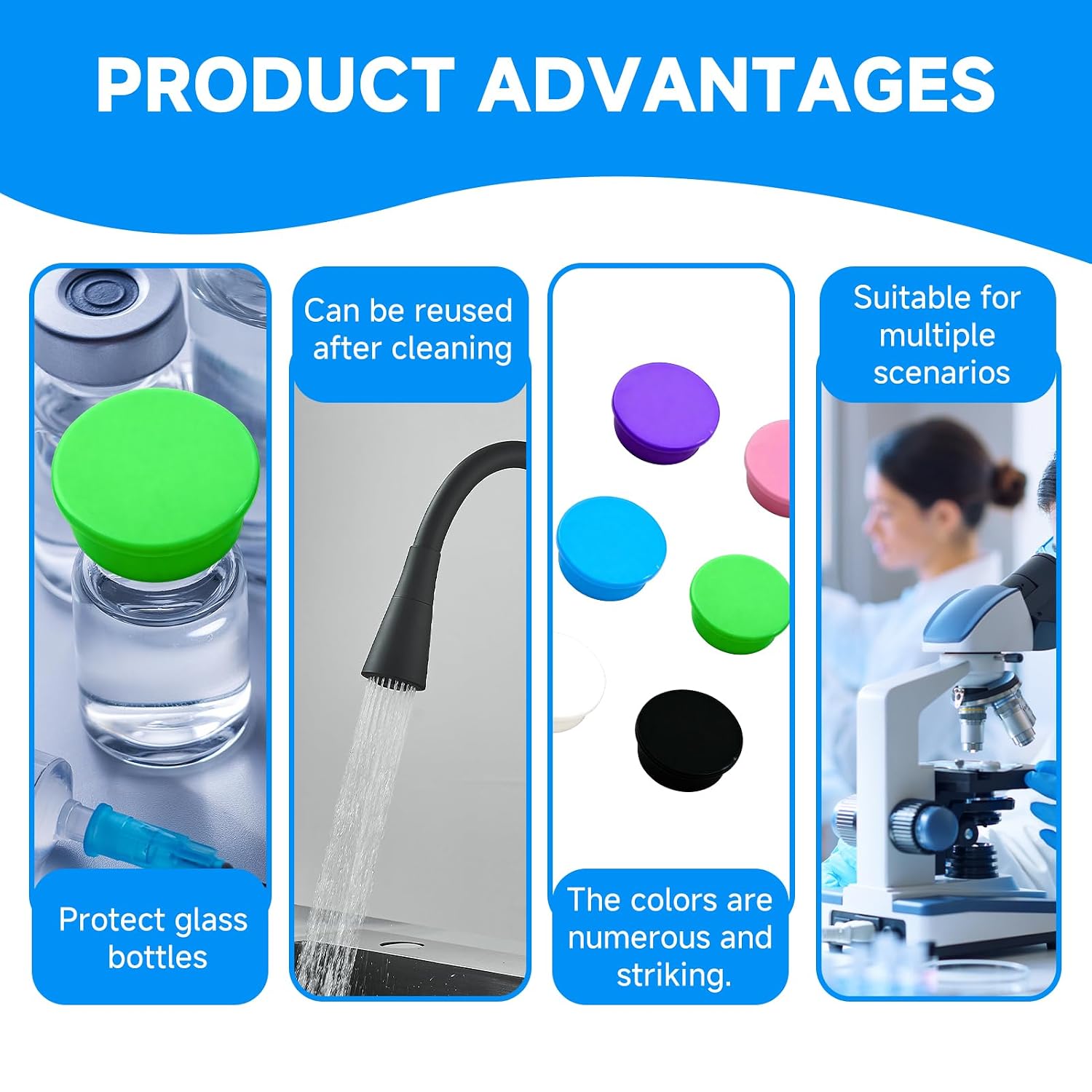 12 Pack 6-Color 3ml Glass Vial Caps and Stoppers for Peptide Storage, 20mm Medical-Grade Silicone Lab Sample Vial Seals, Leak-Proof & Airtight Reusable Stoppers