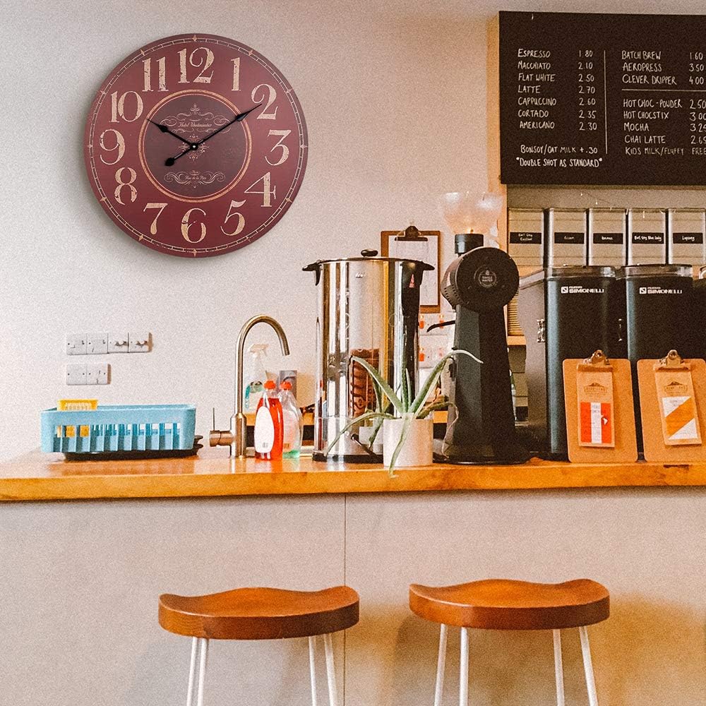 BEW Large Wall Clock, 24-Inch Distressed Shiplap Roman Decorative Wall Clocks, Silent Farmhouse Wooden Wall Clock for Living Room, Dining Room, Den, Shelf: Kitchen & Dining