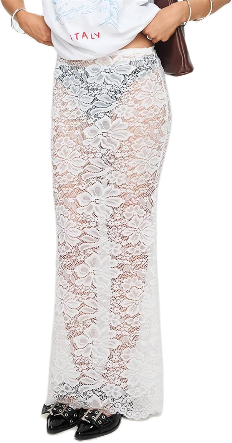 Women Sexy Lace Sheer Maxi Skirt Y2k Floral Lace Mesh Beach Cover-up Long Skirts Fairy Aesthetic Coquette Streetwear
