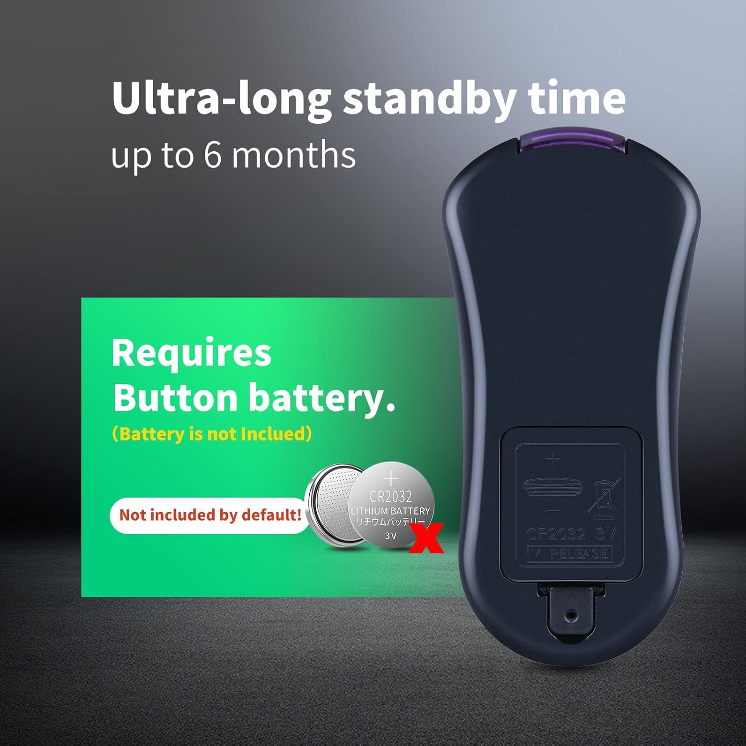 Remote control battery compartment showing CR2032 battery requirement