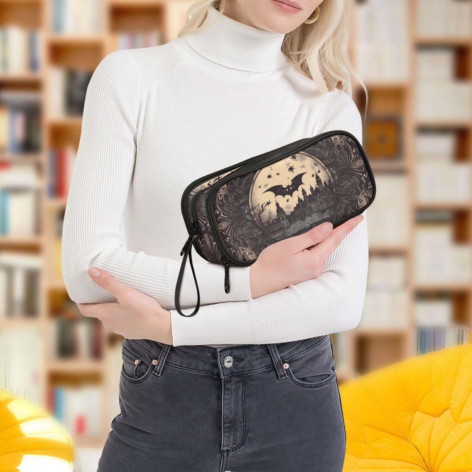 JUNZAN Astuccio nero con pipistrelli retrò e castello gotico di grande capacità, astuccio per matite, penne, trucchi, articoli di cancelleria per ufficio, regalo per ragazze e ragazzi