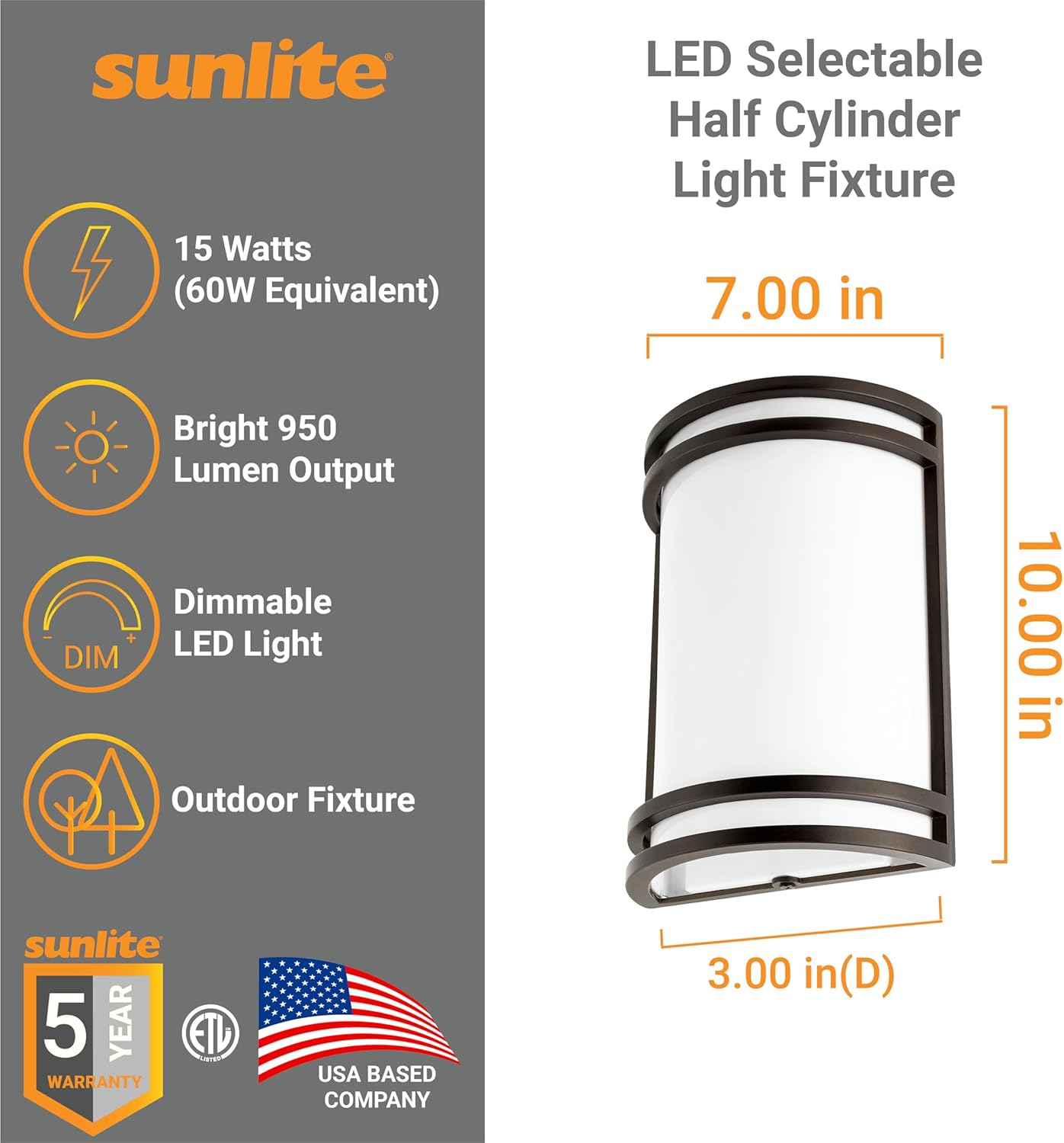 Sunlite 82023 LED Half Cylinder Wall Sconce Outdoor Light Fixture, 15 Watts (60W=), 950 Lumens, Color Selectable 30K/40K/50K, 80 CRI, Dimmable, ETL Listed, for Porches, Patios & Garage Openings