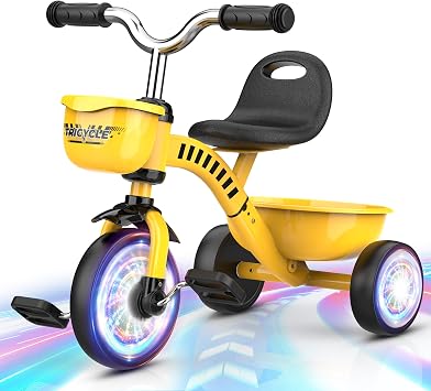 Tricycle for Toddlers 1-3 3-5 Year Olds, Construction Vehicle Toys Road Set Toddler Baby Balance Bike with Colorful Lighting Wheels & Large Basket, Birthday Gift and Toy for 1 2 3 4 5 Year Olds Boys