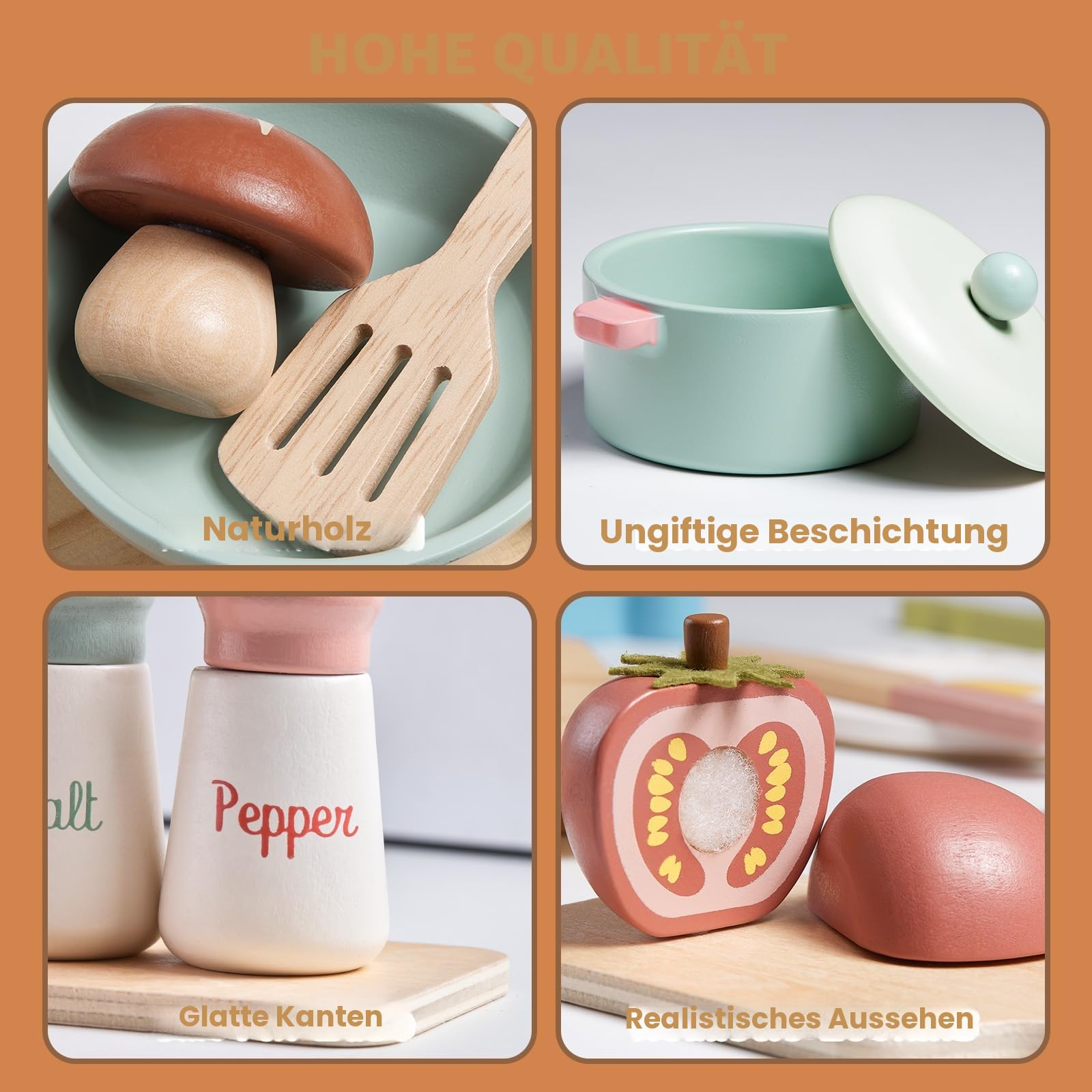 Holzspielzeug-Küchenzubehör, Topf- und Pfannenspielset für Kinder, Küchenspielset mit Spielzeugherd, Küchenspiele für Kleinkinder, Kinder-Essensspielzeug, 3-5