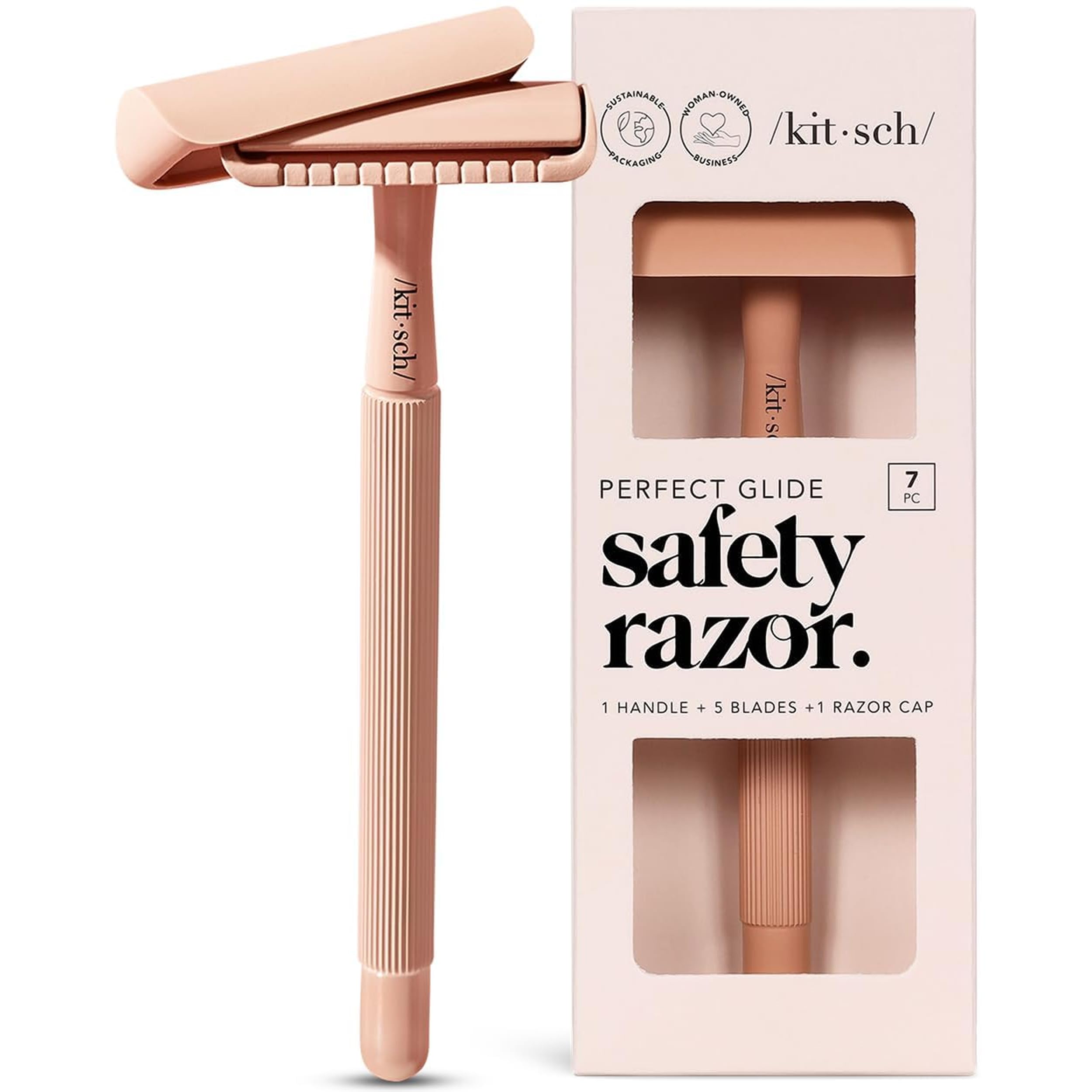 Kitsch Double Edge Safety Razors for Women and Men, Long Metal Handle and Stainless Steel Single Blade Razor with 5 Double Edge Refills, for Shaving and Travel Essentials - Terracotta